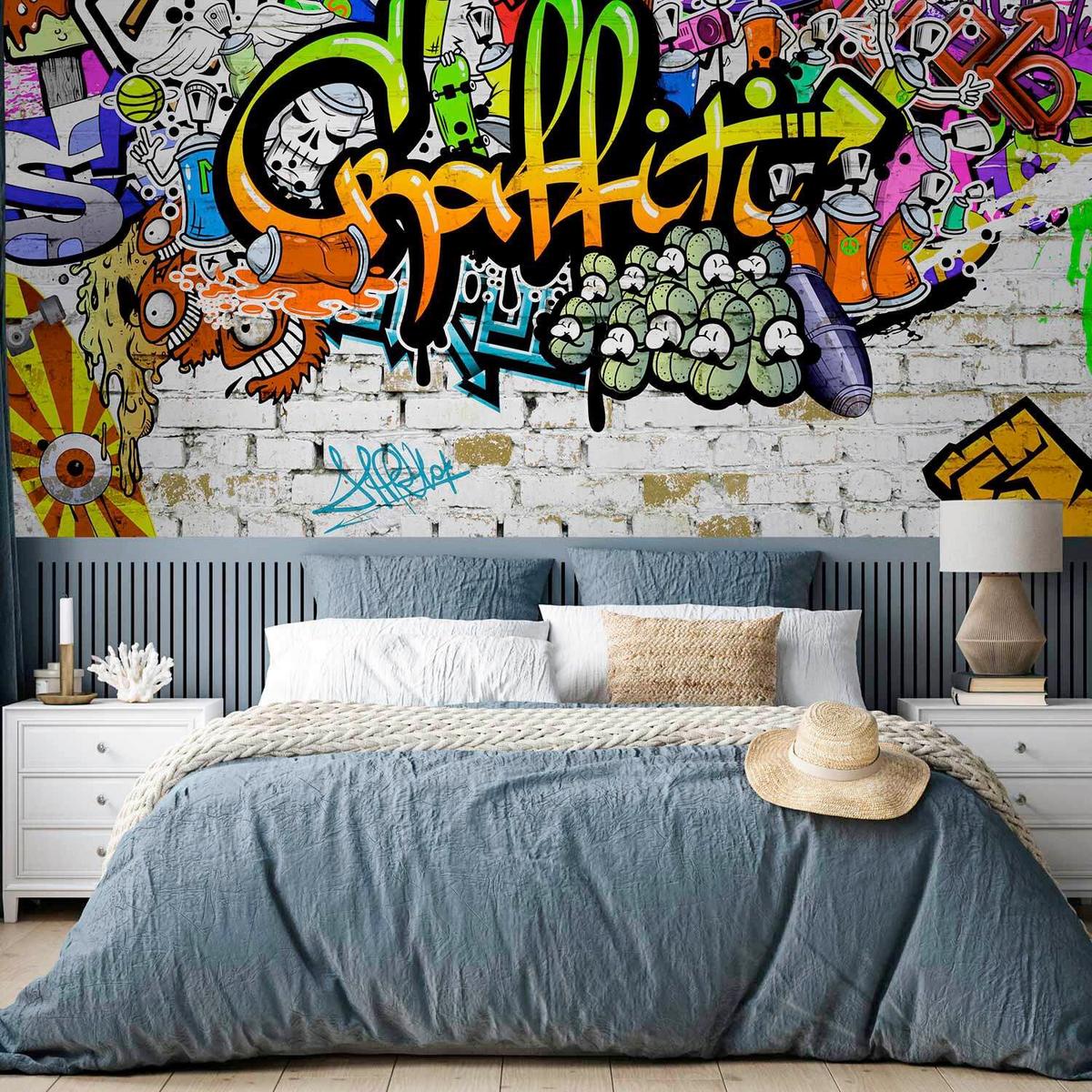 Fototapeta Graffiti On The Wall, 250x175cm - zelena/oranžna, Trendi, tekstil (250/175cm) - artgeist