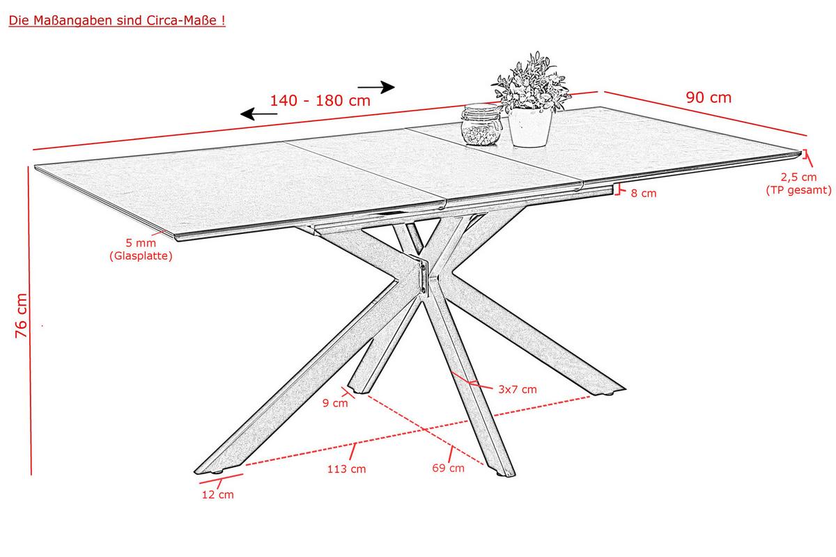 Esstisch Fenja Anthrazit - Anthrazit, MODERN, Glas/Holzwerkstoff (140-180/90/76cm) - P & B