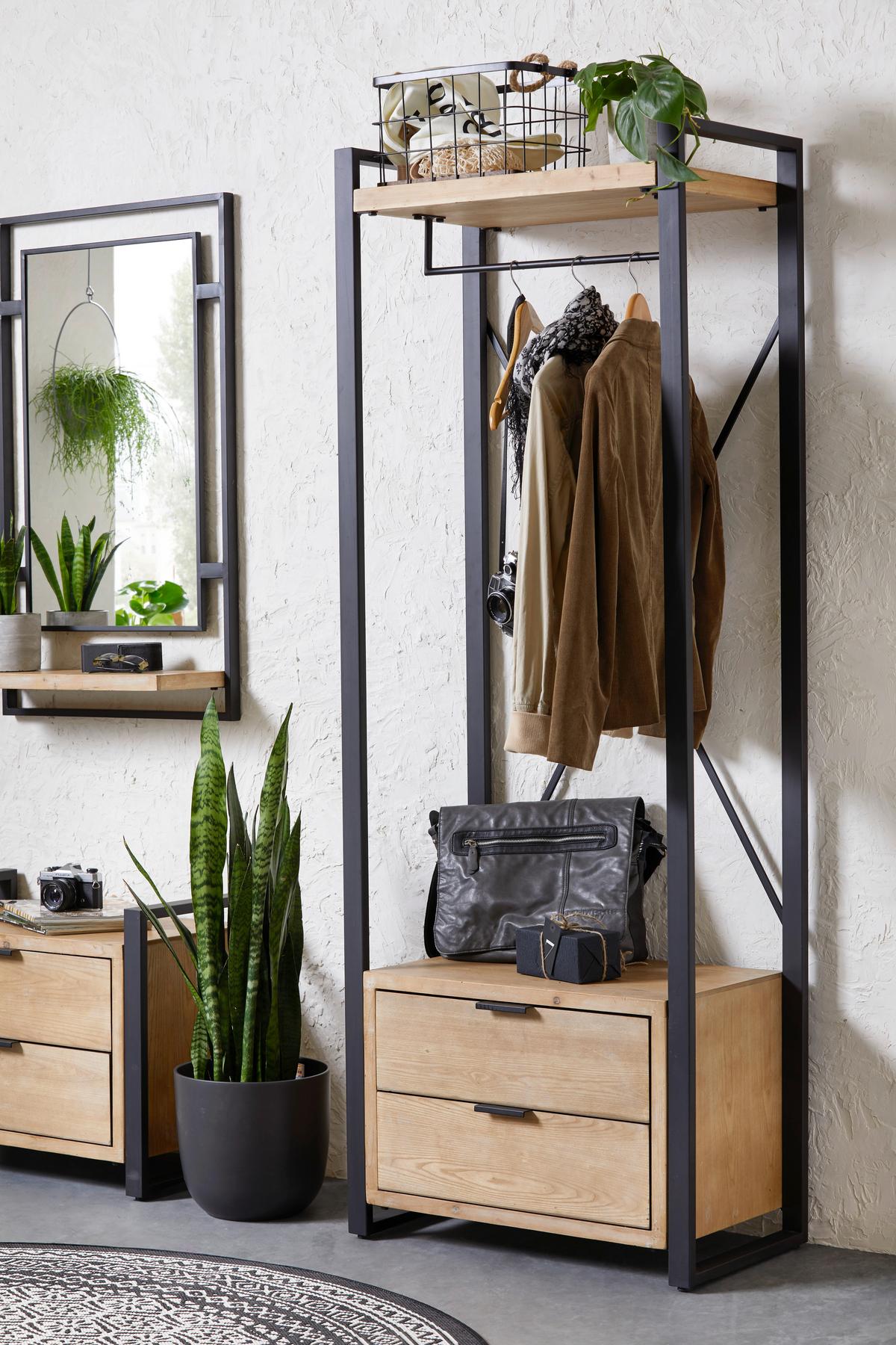 Garderobe aus Tanne massiv - Schwarz/Naturfarben, Lifestyle, Holz/Metall (69/185/38cm) - Premium Living