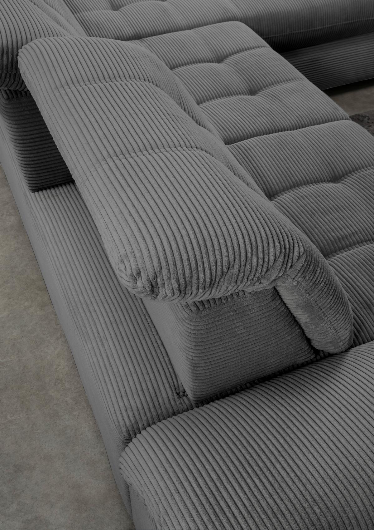 Wohnlandschaft Rigatti Grau Cord mit Bettkasten - Schwarz/Grau, MODERN, Textil/Metall (184/387/252cm) - Livetastic