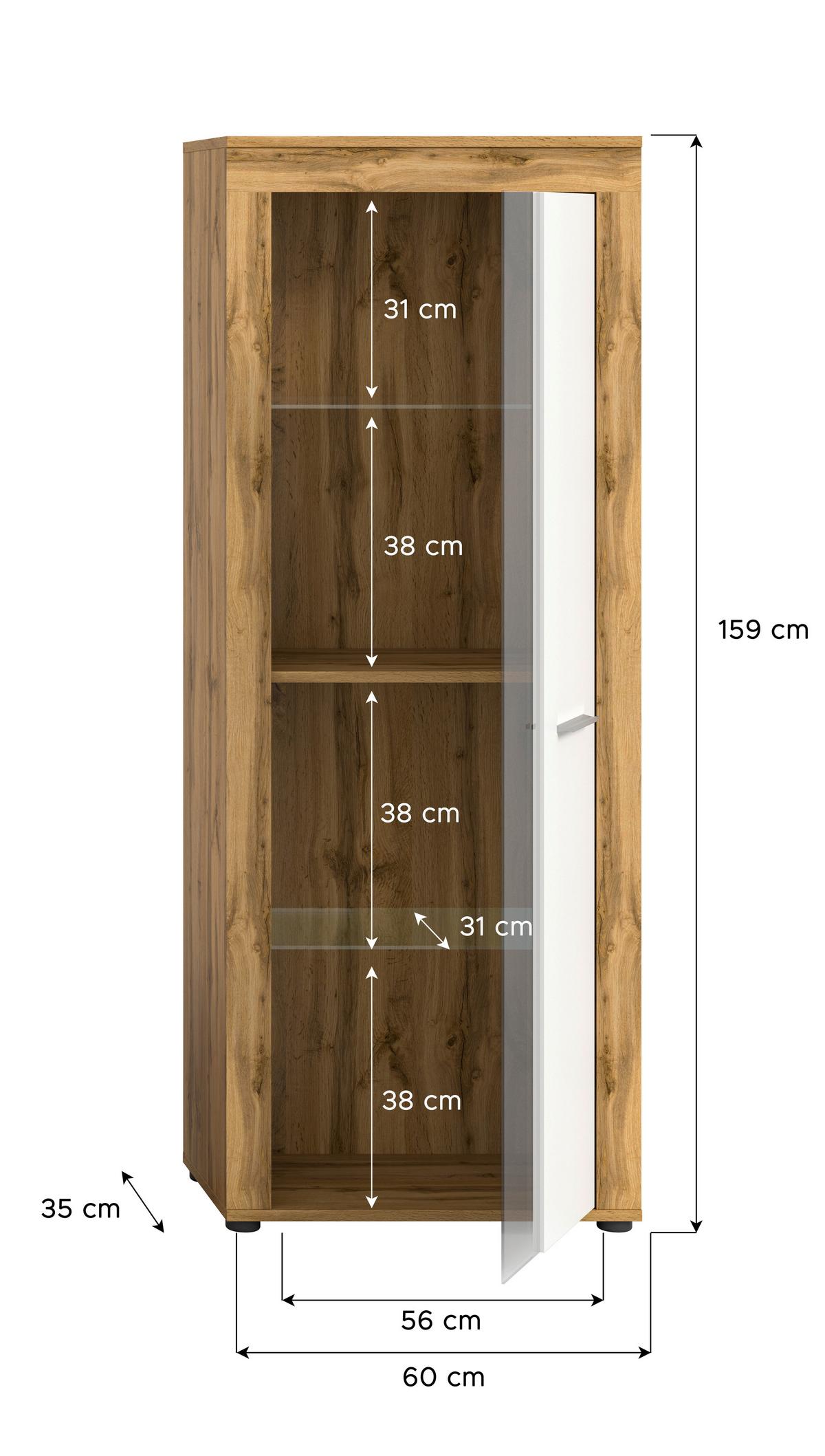 Vitrina Jam, Bela, Barva Hrasta - hrast wotan/srebrne barve, Design, umetna masa/steklo (60/159/35cm) - MID.YOU