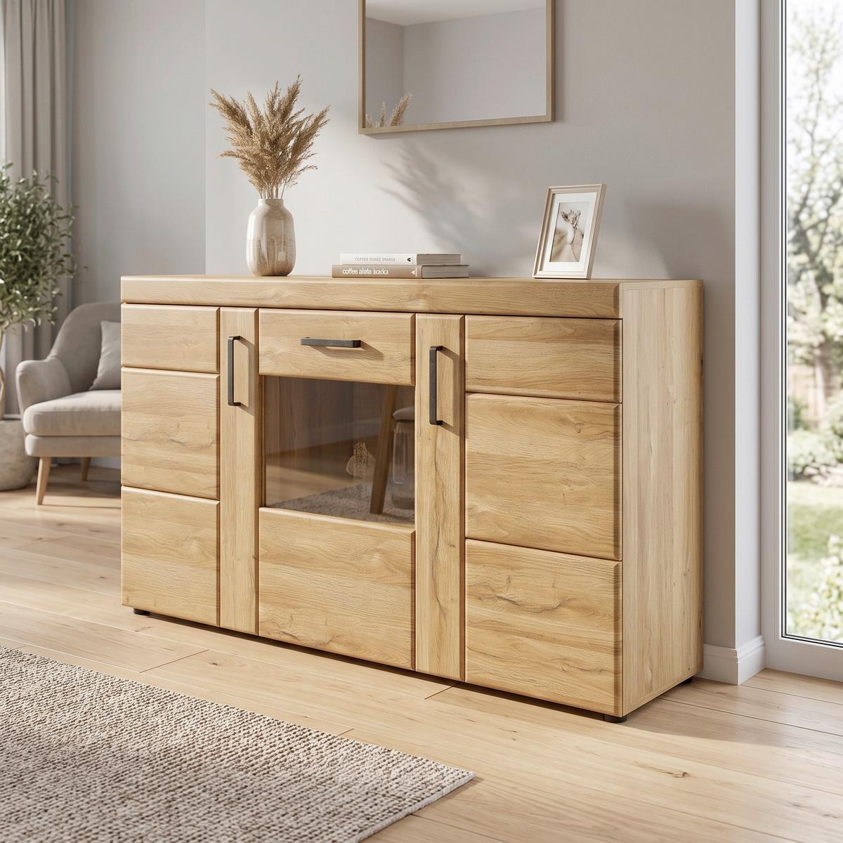 Comodă Cortina - culoare lemn stejar, Modern, sticlă/material pe bază de lemn (156,8/86/40,9cm) - Modern Living