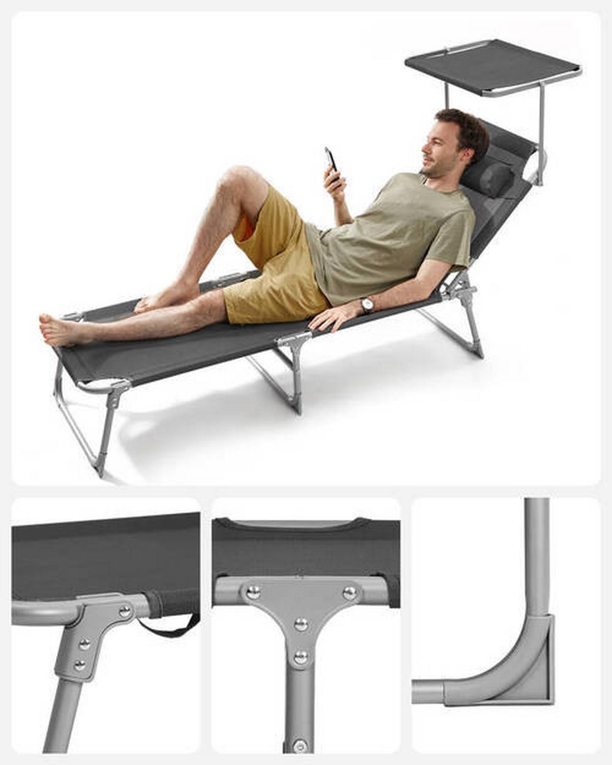 Sonnenliege Großer Liegesessel Grau ca. 53x29,5x193cm - Grau, Basics, Textil/Metall (53/29,5/193cm) - Modante