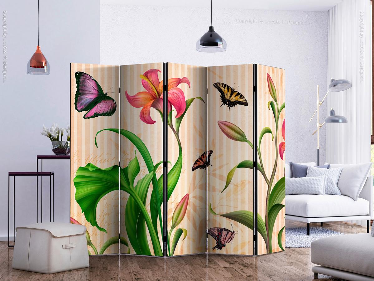 Paravan Vintage Lilly I, 5-Delni, Dvostranski - večbarvno, Basics, tekstil/les (225/172/3cm) - artgeist