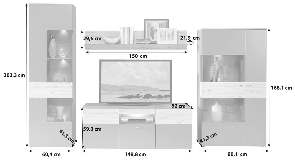 Dnevni Regal Como, Siva, Hrast, 4-Delno - barve kroma/siva, Basics, kovina/umetna masa (319/203/52cm) - MID.YOU