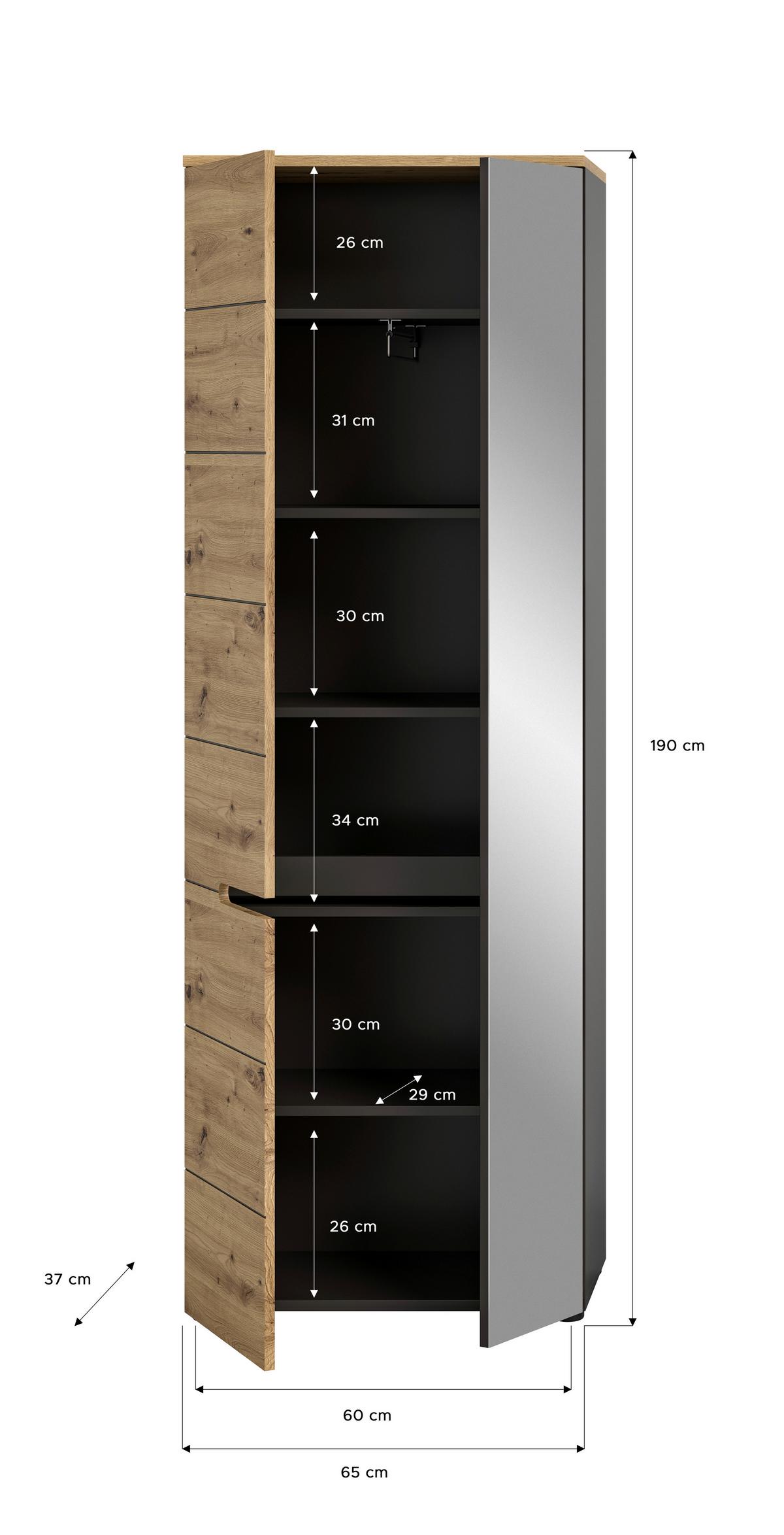 Garderobenschrank Canu ca. 65x190x37cm Eiche Dekor,Grau - KONVENTIONELL, Glas/Holzwerkstoff (65/190/37cm) - MID.YOU