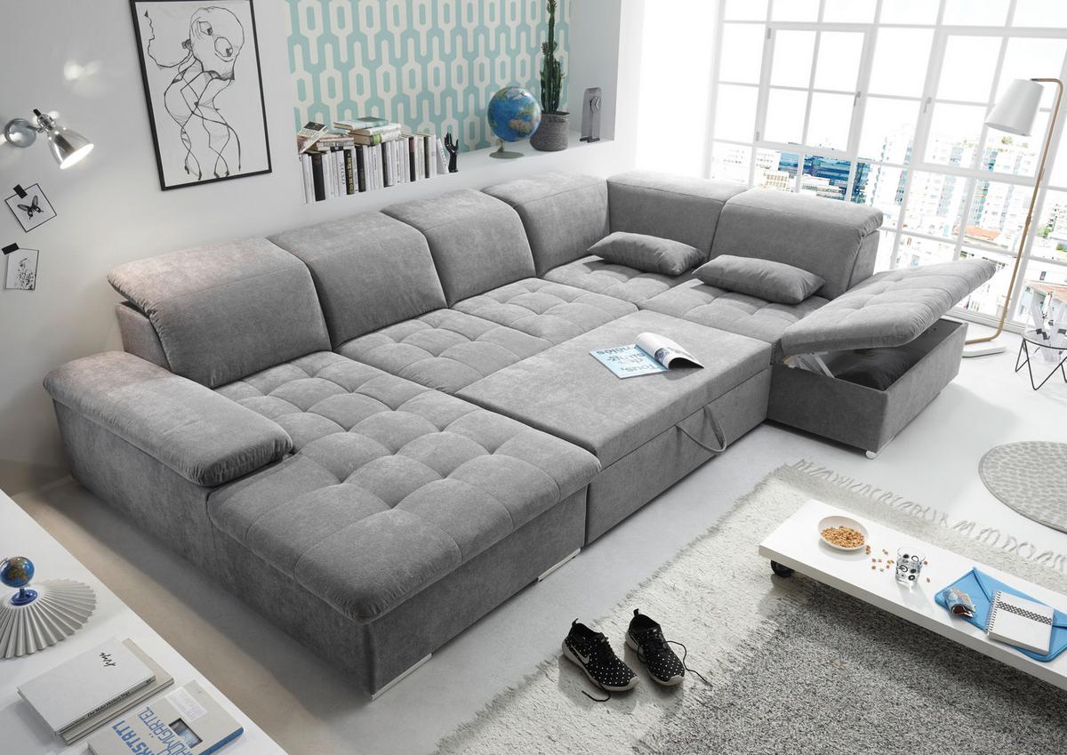 Wohnlandschaft Wayne U inkl. Kissen Grau - Silberfarben/Grau, KONVENTIONELL, Kunststoff/Textil (188/340/240cm) - MID.YOU