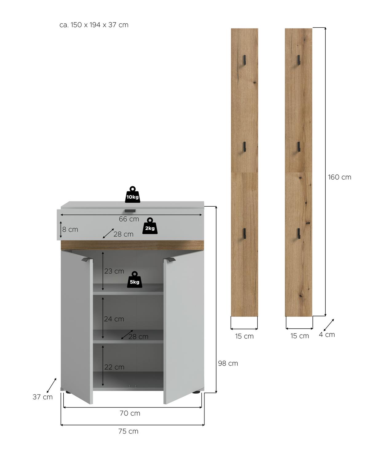 Predsoba Naro, Siva, Barva Hrasta, 3-Delna - siva/temni hrast, Design, leseni material (150/194/37cm) - Livetastic