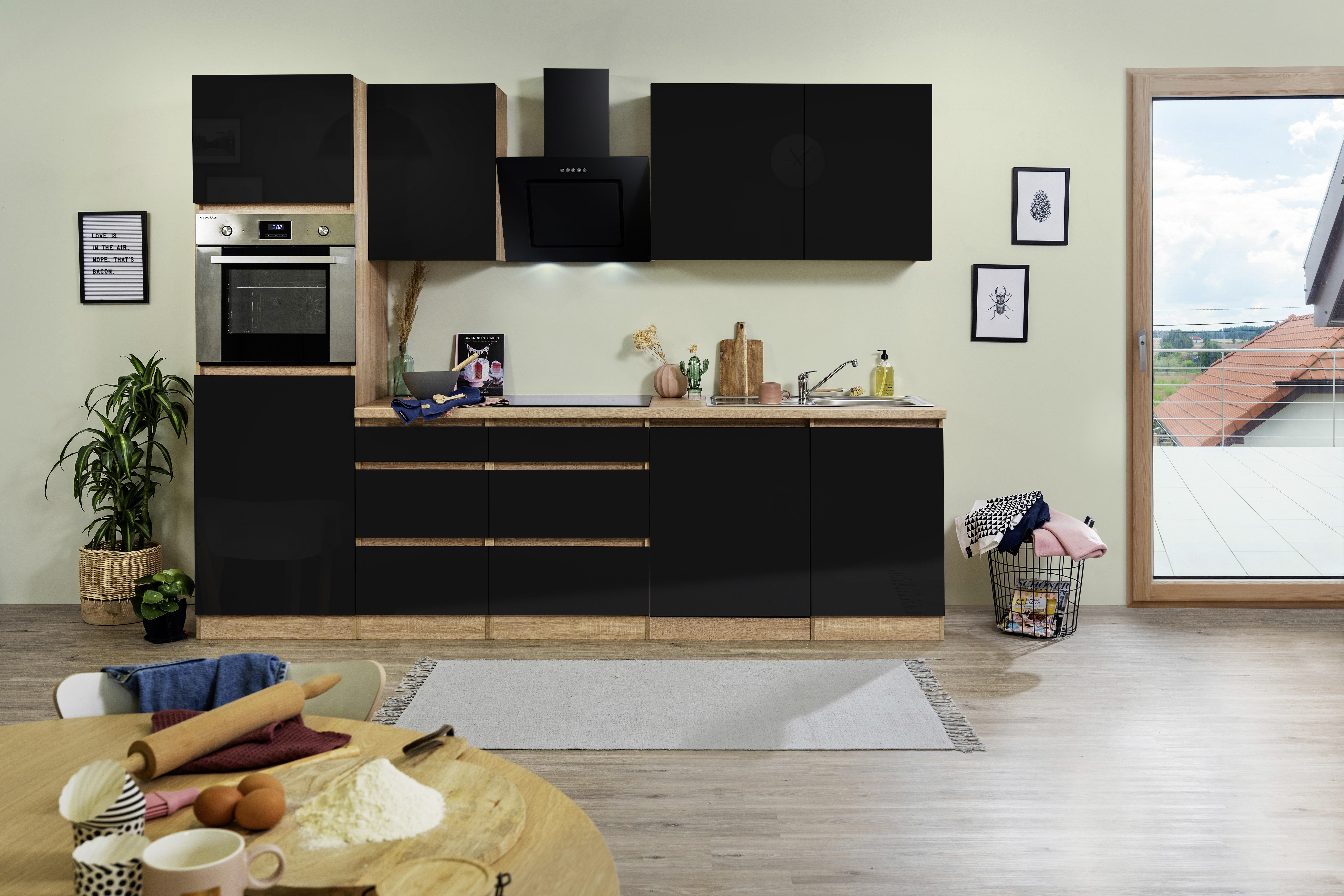Küchenblock Premium Grau/Eiche B: ca. 280 cm - Eichefarben/Schwarz, MODERN, Holzwerkstoff (280cm) - Respekta