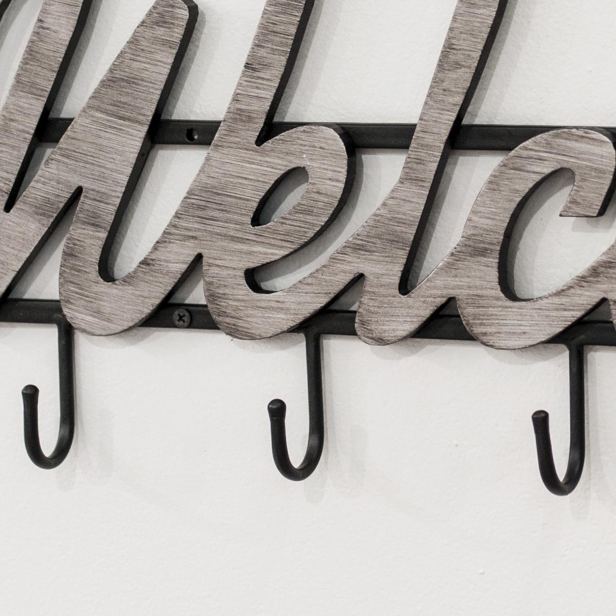 Cuier perete cu cârlige Welcome - argintiu/negru, Modern, metal/material pe bază de lemn (60/22/4cm) - Modern Living