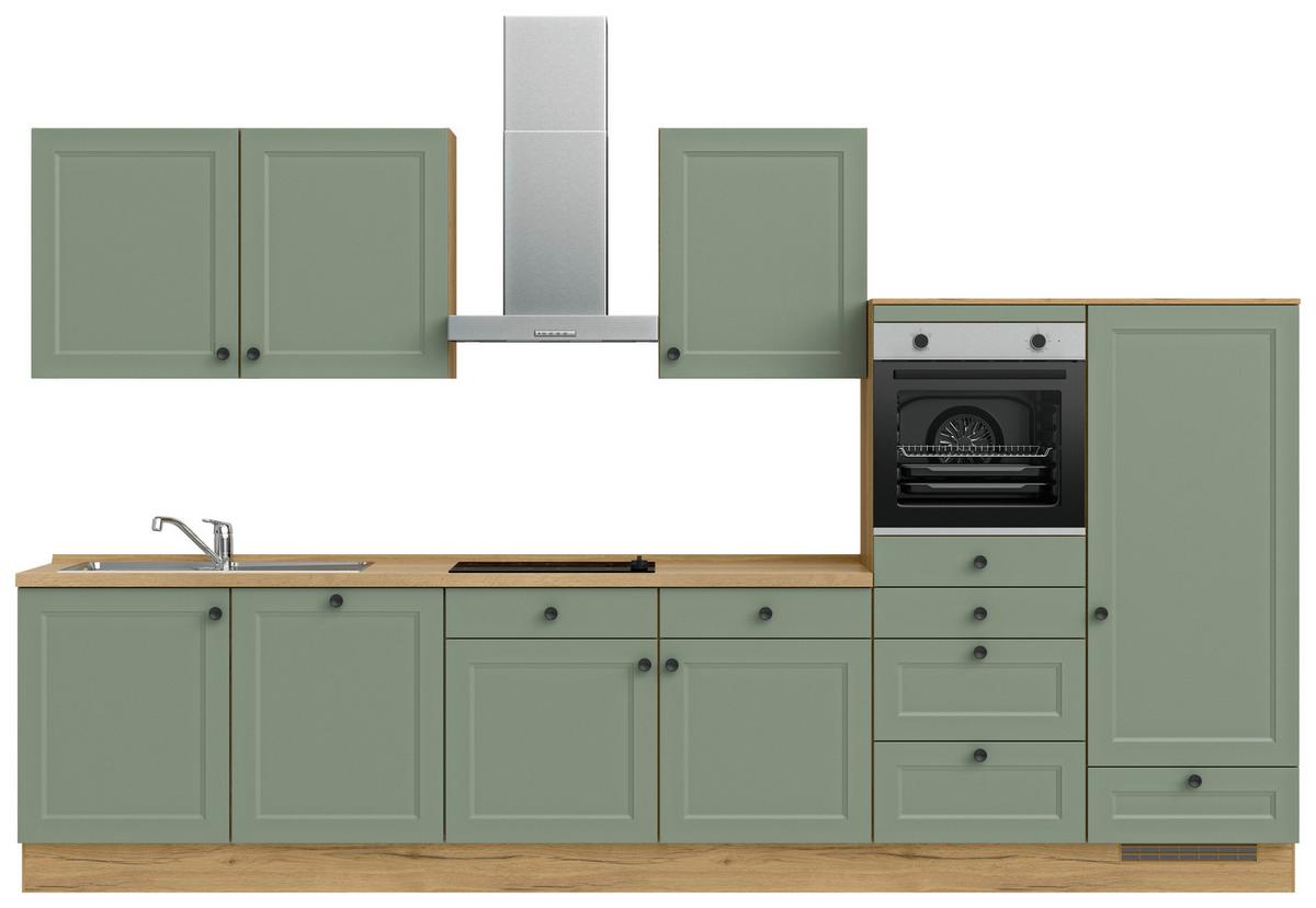 Küchenblock Cascada Low m. Geräten Schilfgrün - Schilfgrün/Eichefarben, MODERN, Holzwerkstoff/Metall (360cm) - Nobilia