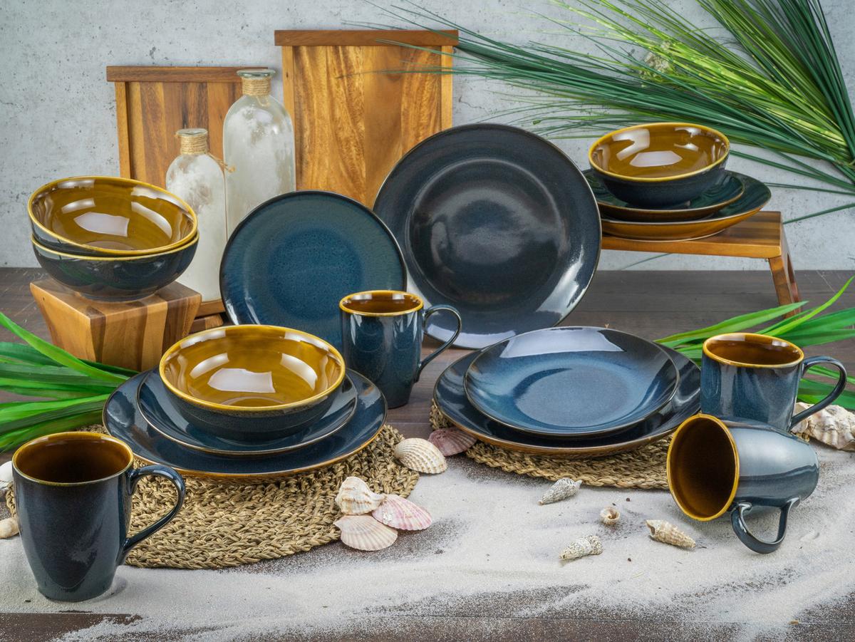 Kombiservice Mallorca in Braun/Petrol, 16-teilig - Petrol/Braun, Design, Keramik - Creatable