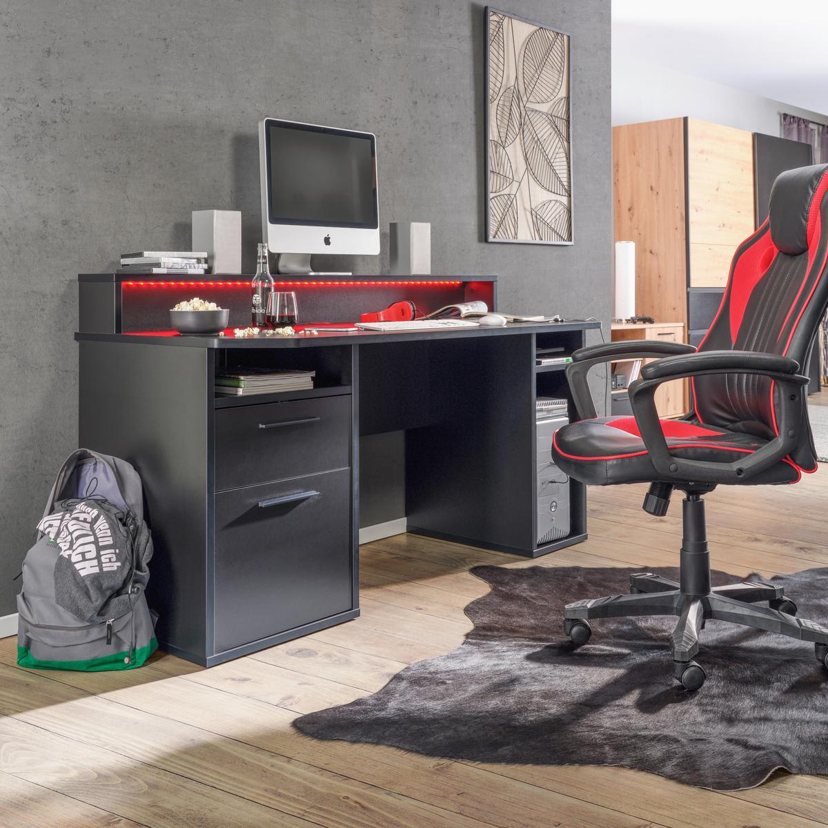 Gamer Asztal Világítással Racer-Light - fekete, Konventionell, műanyag/faalapú anyag (160/91/72cm)