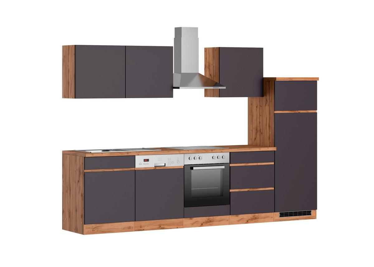 Küchenzeile Turin mit Geräten ca. 300 cm Grau/Wotaneiche - Eiche Wotan/Grau, Design, Holzwerkstoff (300cm) - Held