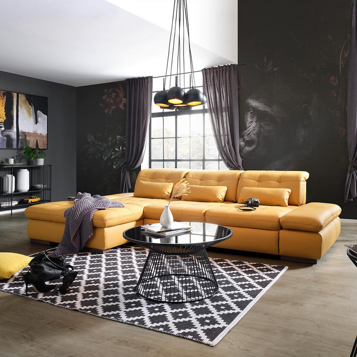 Wohnlandschaft Sanfino Leder Currygelb - Currygelb/Chromfarben, KONVENTIONELL, Leder/Metall (199/79-96/305cm) - Premium Living