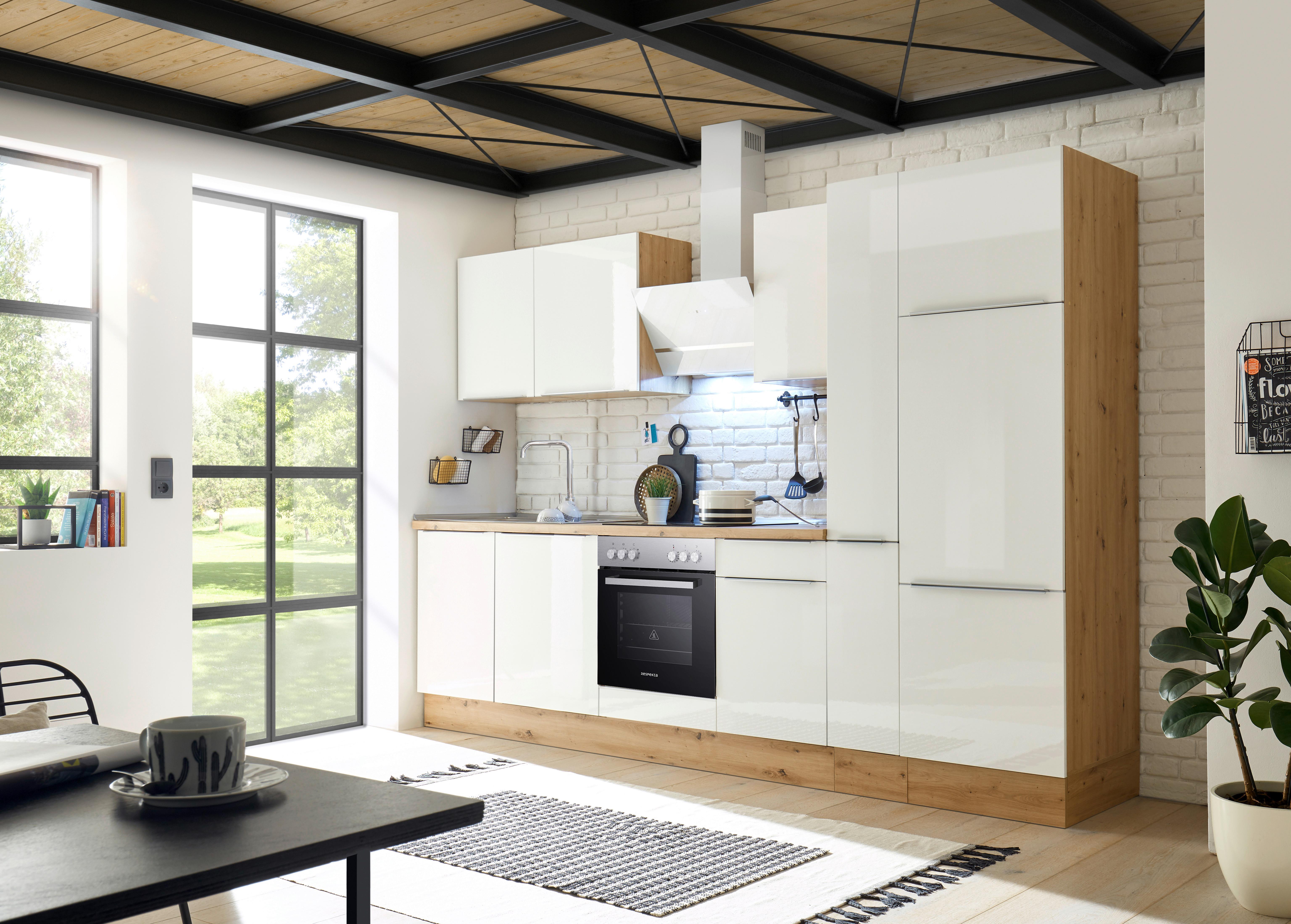 Küchenblock Marleen m. Geräten Weiß B: ca. 310 cm - Weiß Hochglanz/Alufarben, LIFESTYLE, Holzwerkstoff/Kunststoff (310/211/60cm) - Respekta