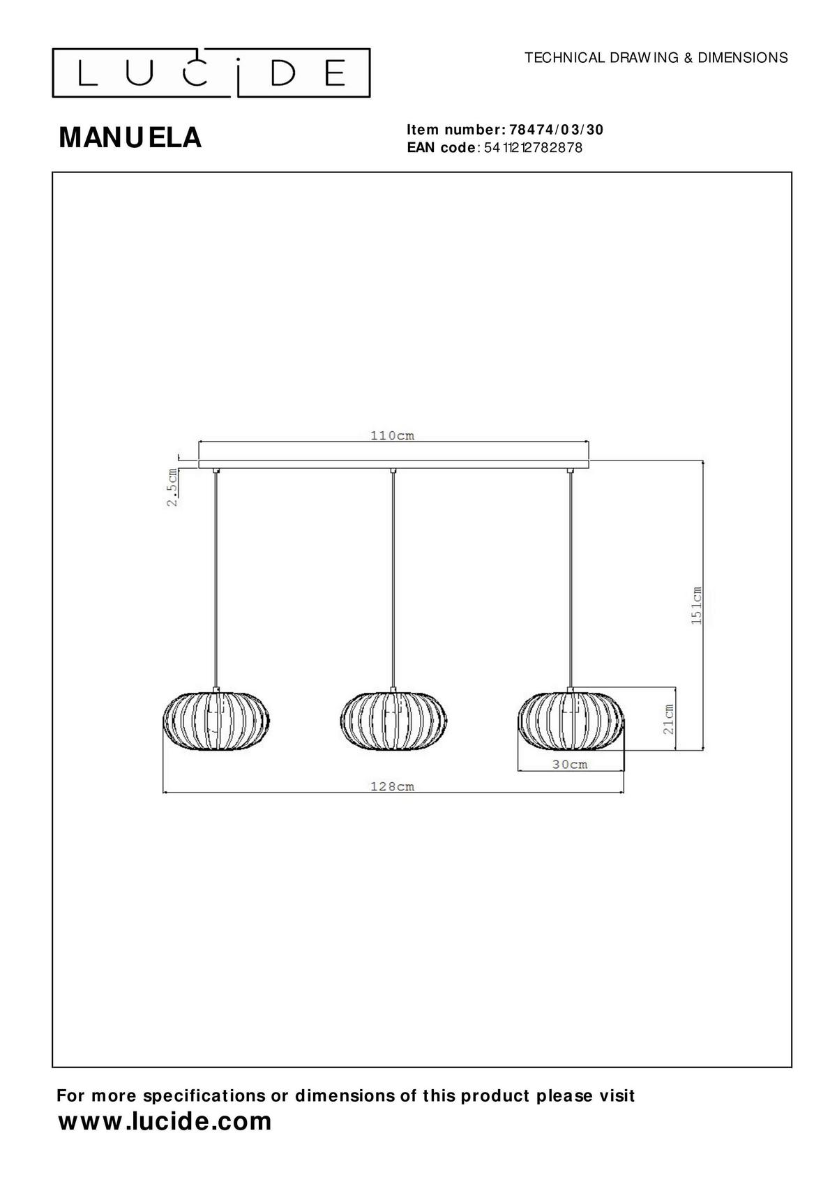 LAMPA WISZĄCA 78474/03/30 MANUELA - czarny, Basics (128/30/151cm) - Lucide