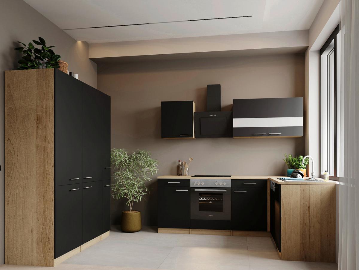 Eckküche Merle m. Geräten ca. 370x172cm Schwarz - Edelstahlfarben/Eichefarben, Trend, Holzwerkstoff/Metall (370/172cm) - Respekta