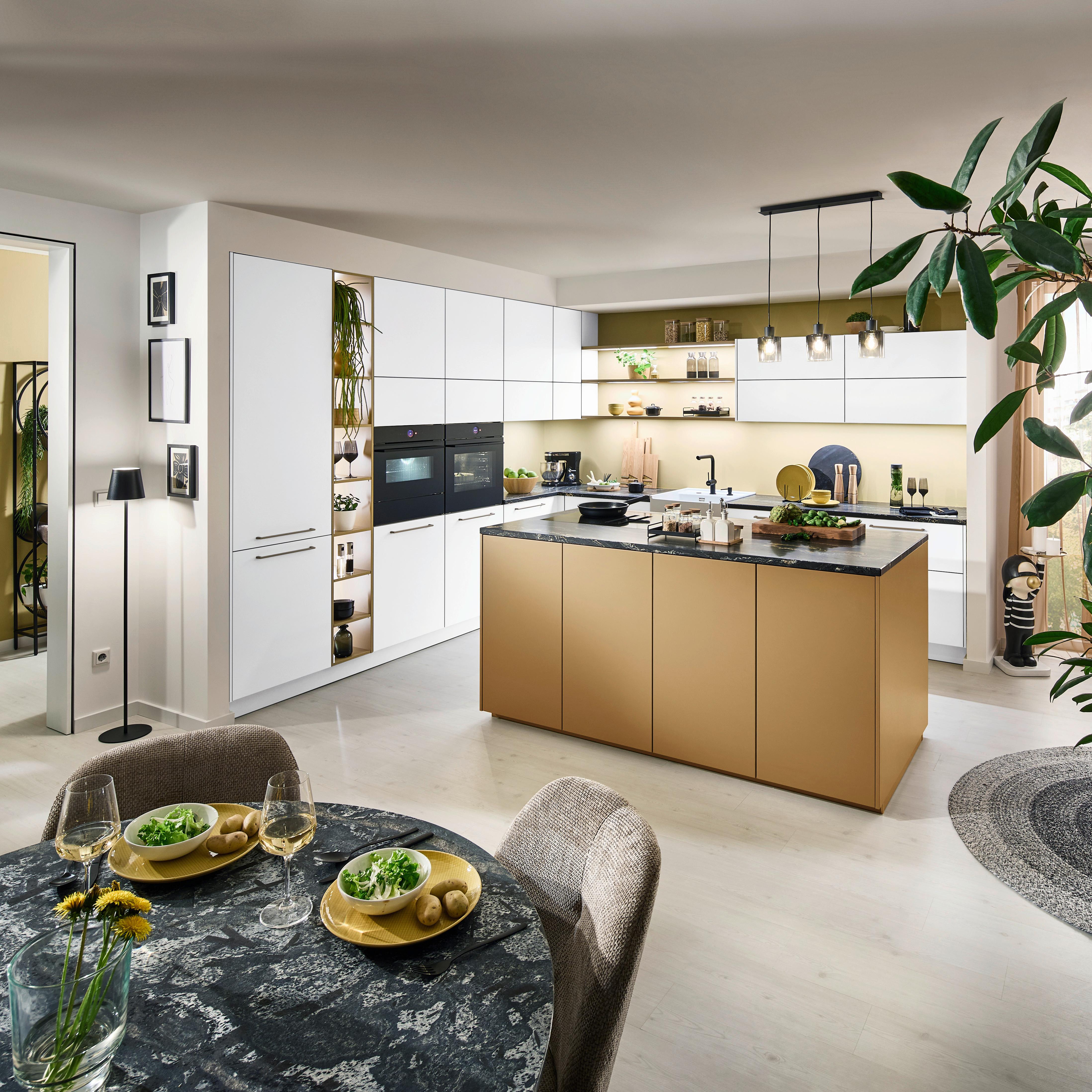 Einbauküche Softlack ohne Geräte, Weiß/Caramel - Gelb/Weiß, MODERN (335/365cm) - Nolte Küchen