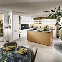 Einbauküche Softlack ohne Geräte, Weiß/Caramel - Gelb/Weiß, MODERN (335/365cm) - Nolte Küchen