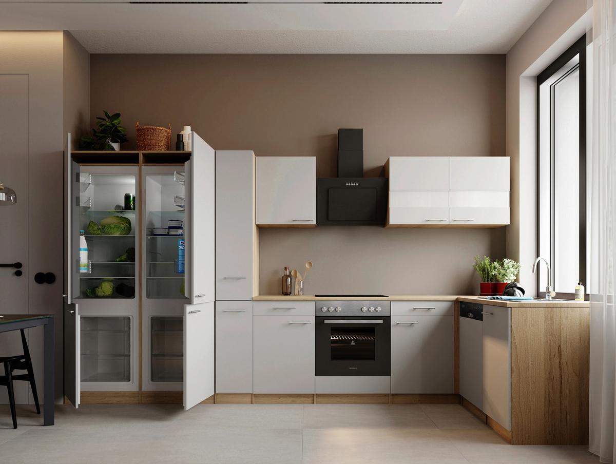 Eckküche Merle m. Geräten ca. 370x172cm Weiß - Edelstahlfarben/Eichefarben, Trend, Holzwerkstoff/Metall (370/172cm) - Respekta