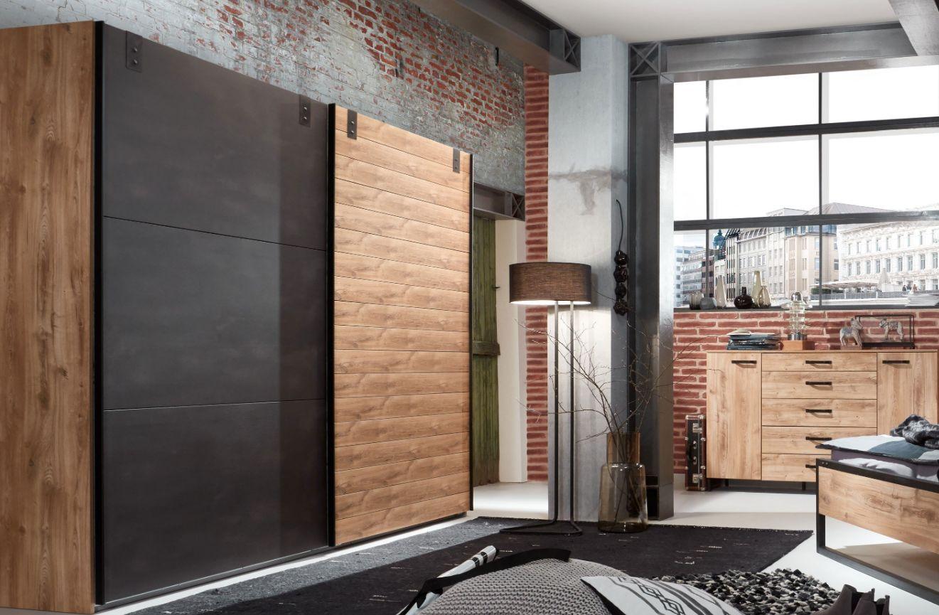 DULAP USI CULISANTE DETROIT - culoare lemn stejar/grafit, Basics, material pe bază de lemn (250/216/65cm) - Modern Living