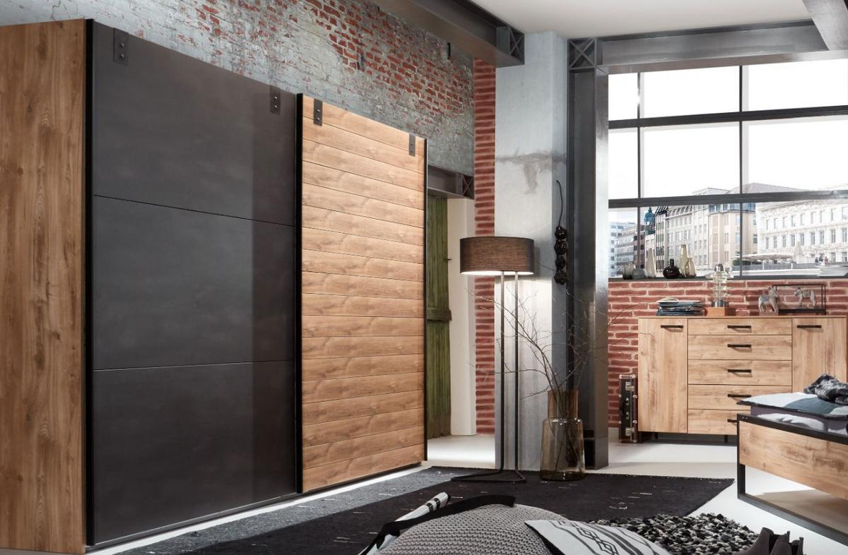 DULAP USI CULISANTE DETROIT - culoare lemn stejar/grafit, Basics, material pe bază de lemn (250/216/65cm) - Modern Living