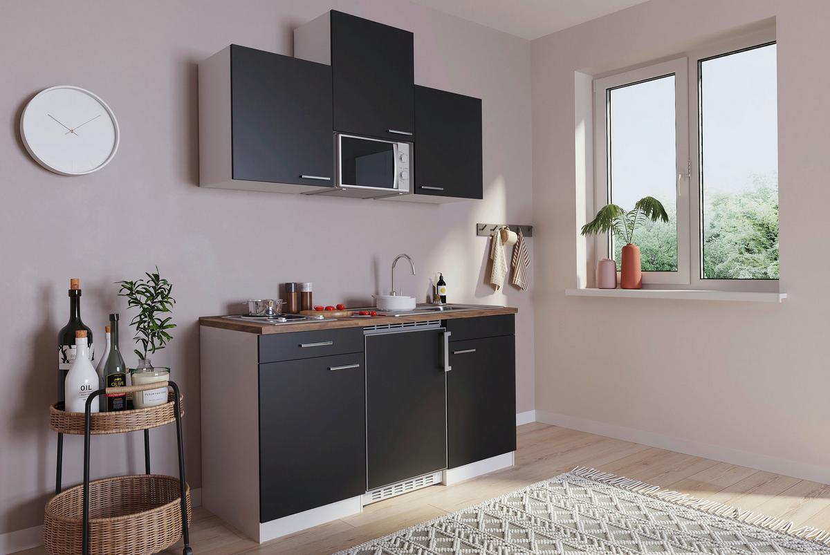 Miniküche Economy m. Geräten Schwarz B: ca. 150 cm - Edelstahlfarben/Nussbaumfarben, Basics, Holzwerkstoff/Kunststoff (150cm) - Respekta