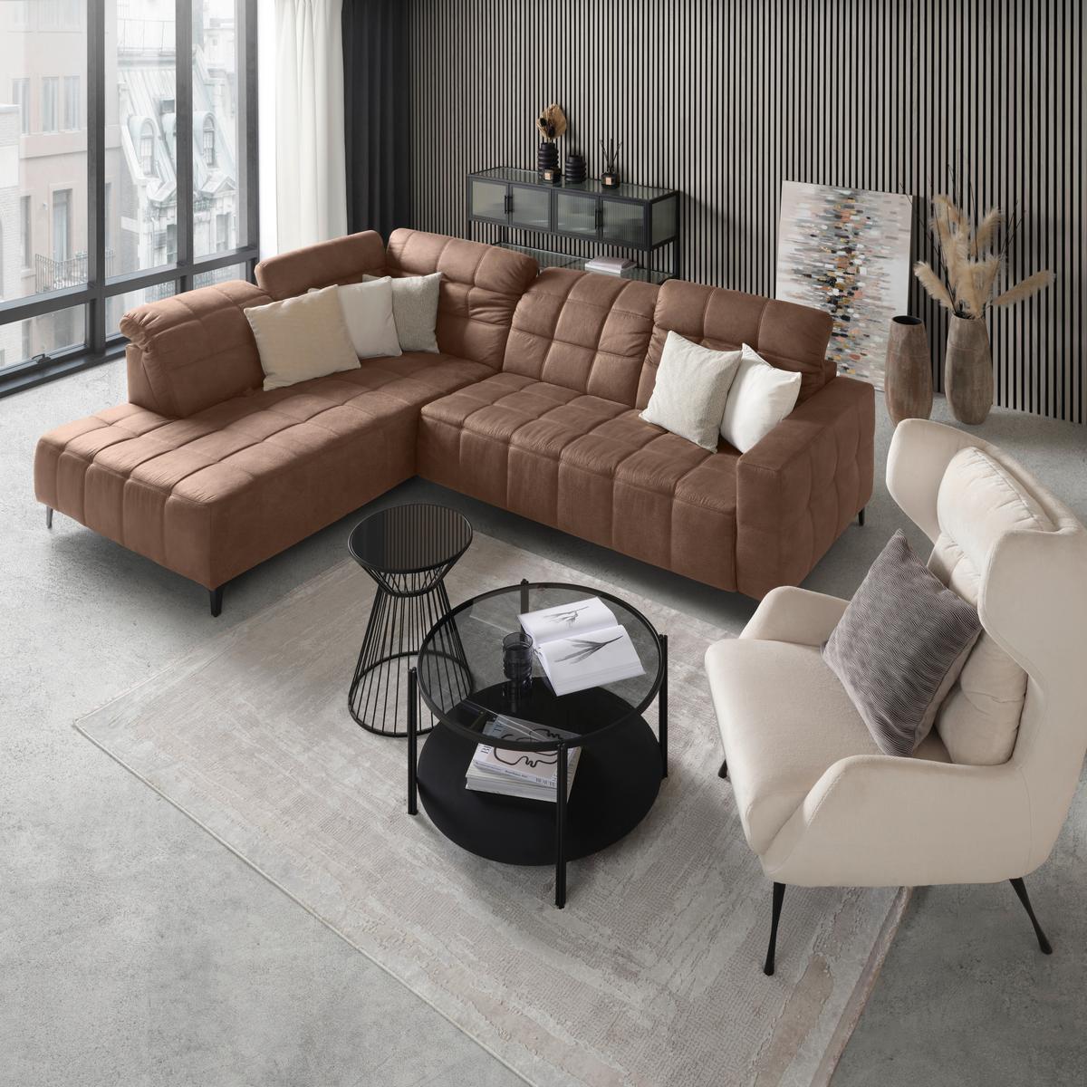 Ecksofa Panama links Terracotta - Terracotta/Schwarz, KONVENTIONELL, Textil/Metall (216/89-102/304cm) - Premium Living