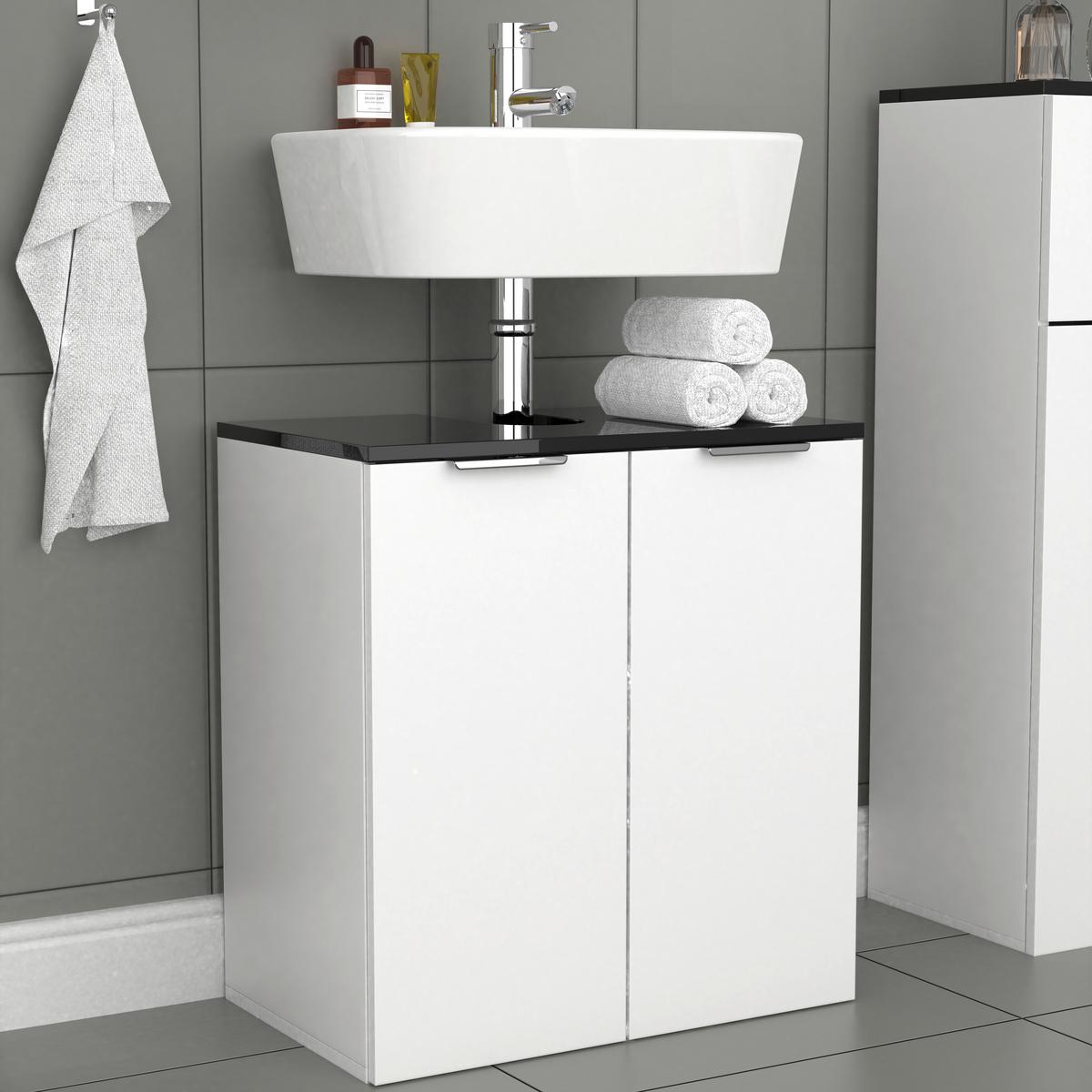 Waschbeckenunterschrank Donali ca. 56x60 cm Weiß/Schwarz - Silberfarben/Schwarz, MODERN, Holzwerkstoff/Metall (56/60/34cm) - MID.YOU