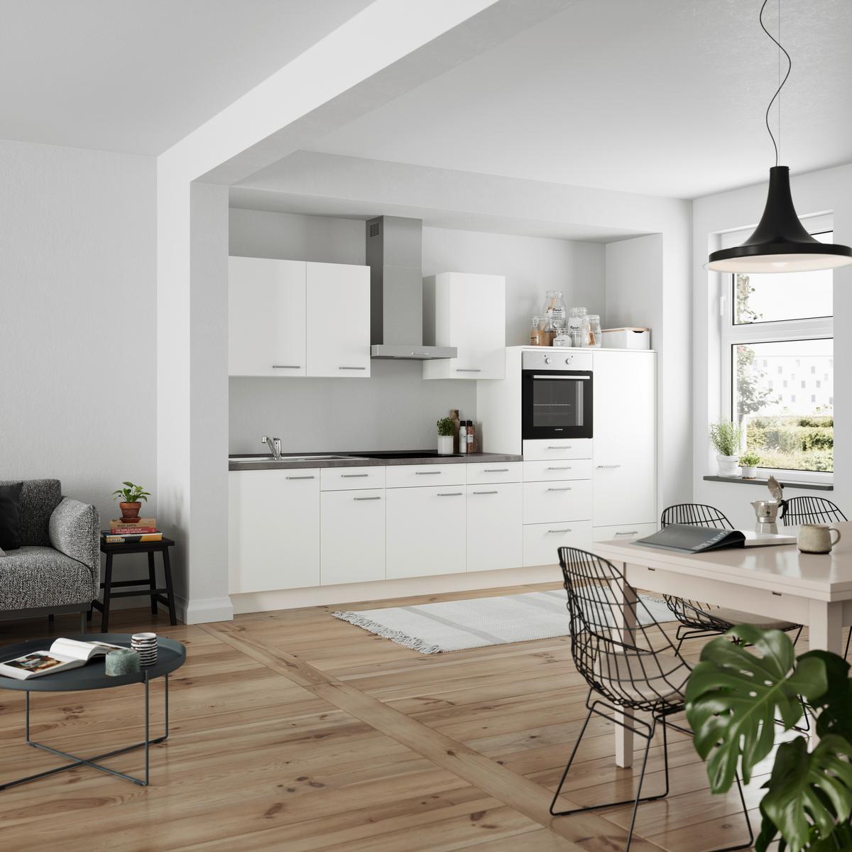 Küchenblock Touch Low m. Geräten Weiß - Schieferfarben/Edelstahlfarben, MODERN, Holzwerkstoff/Metall (330cm) - Nobilia