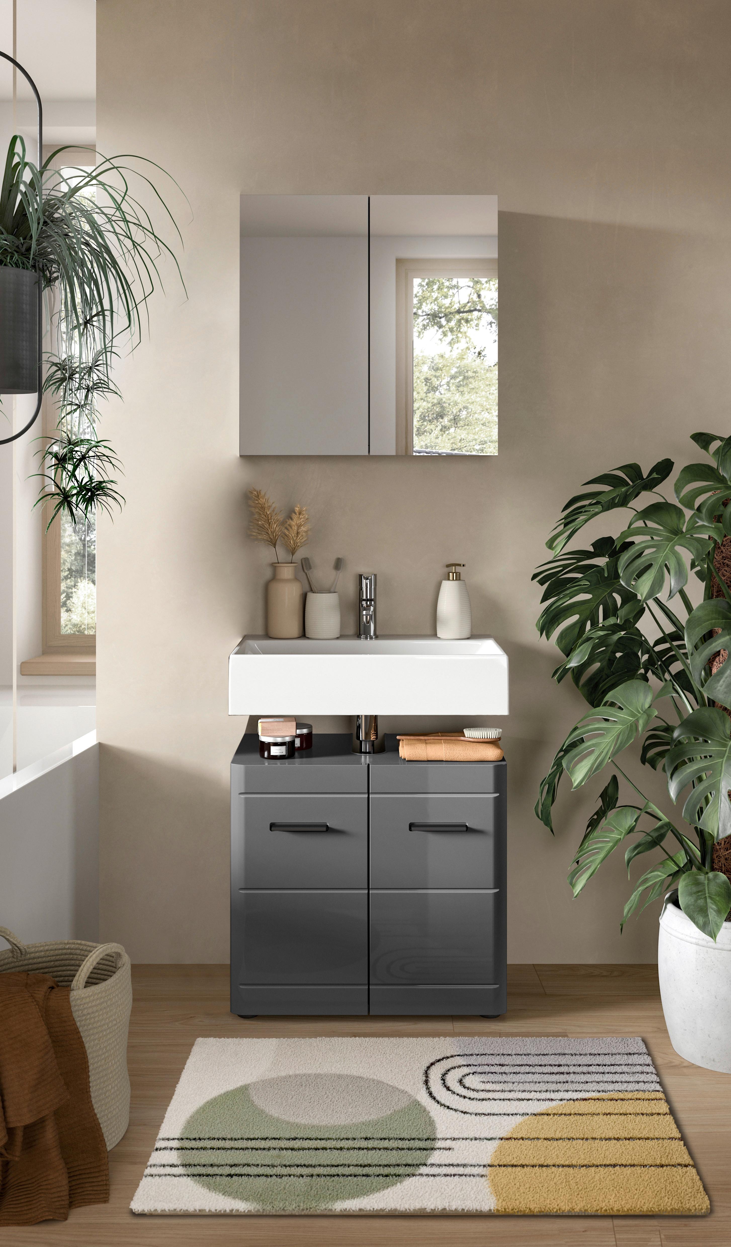 Badezimmer Soft 2-tlg. ca. 60 cm Grau hochglanz - Grau Hochglanz/Schwarz, MODERN, Holzwerkstoff/Kunststoff (60cm) - MID.YOU