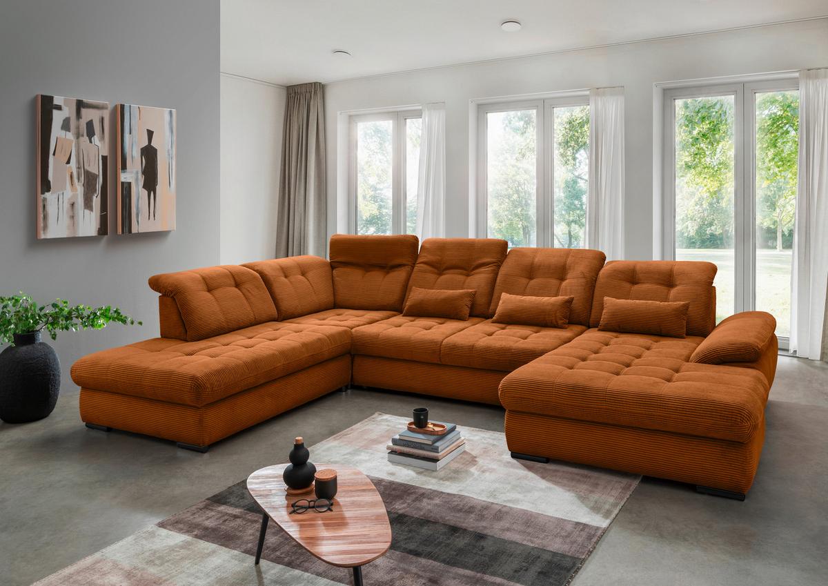 Wohnlandschaft Rigatti Gold Cord mit Bettkasten - Goldfarben/Schwarz, MODERN, Textil/Metall (252/387/184cm) - Livetastic