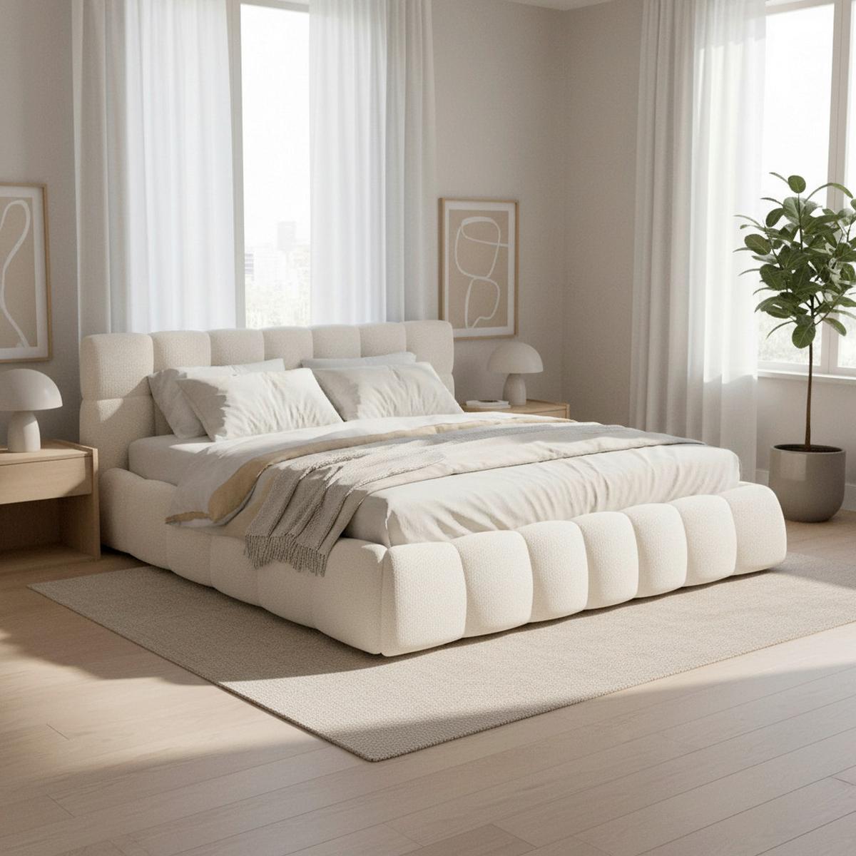 Pat tapițat bej Marija cca 180X200 bej - ivoar/culoare natur, Modern, lemn/metal (180/200cm) - Bessagi Home