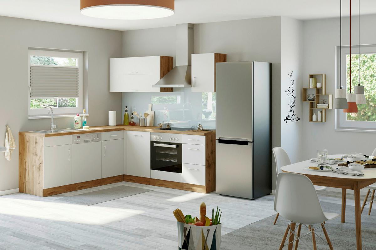 Eckküche Winkelblock ohne Geräte ca. 210x210 cm Weiß - Eichefarben/Alufarben, MODERN, Holzwerkstoff/Metall (210/210cm) - Held