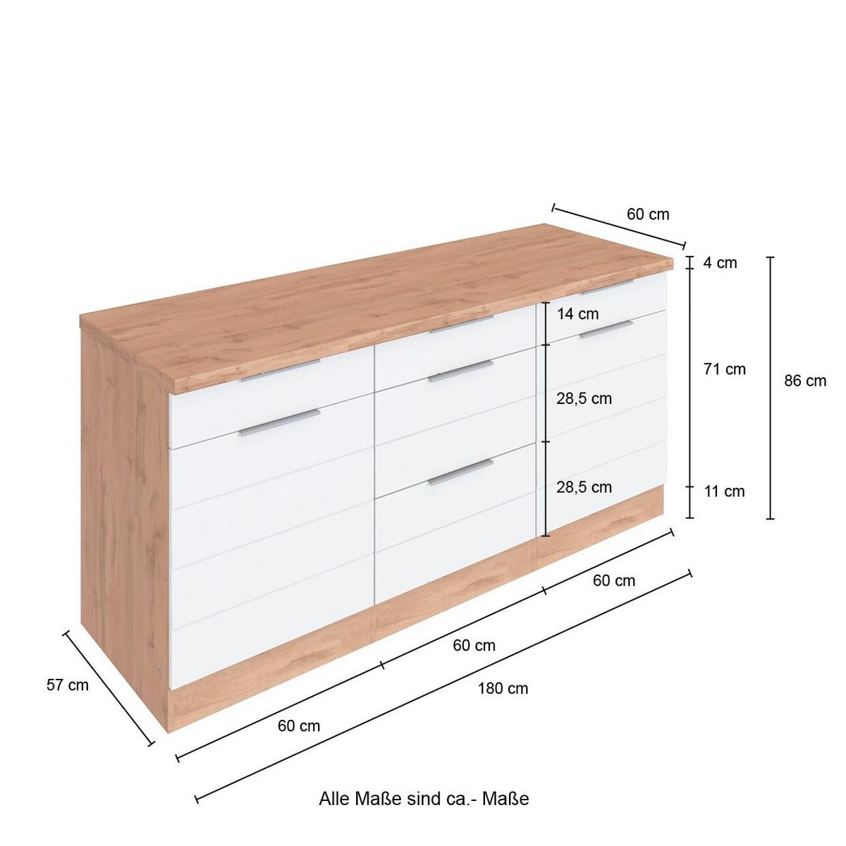 Küchenunterschrank Florenz ca. 180 cm Weiß/Eiche - Eiche Wotan/Weiß, Design, Holzwerkstoff/Metall (180/86/60cm) - Held