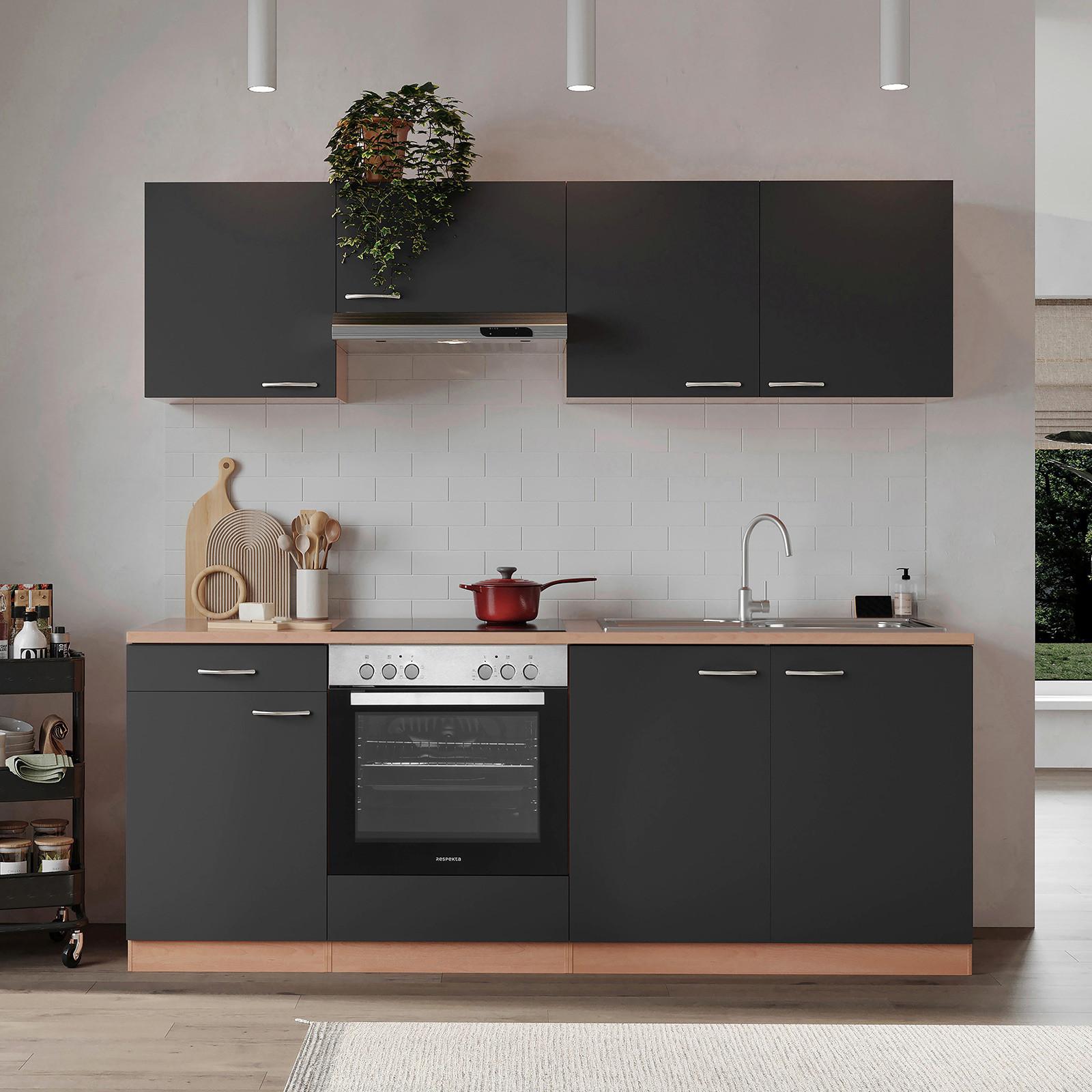 Küchenblock Gerda mit Geräten ca. 210 cm Grau - Buchefarben/Alufarben, Basics, Holzwerkstoff/Kunststoff (210cm) - Respekta