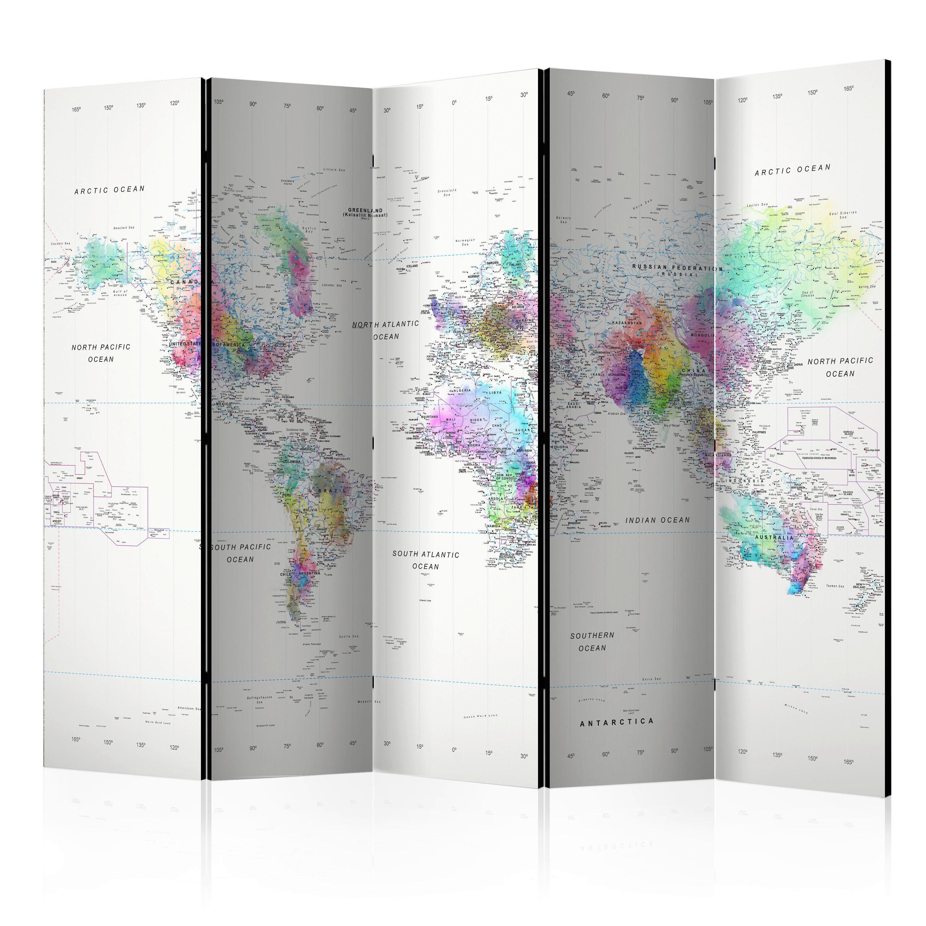 Paravan Colorful World I, 5-Delni, Dvostranski - večbarvno/svetlo siva, Basics, tekstil/les (225/172/3cm) - artgeist