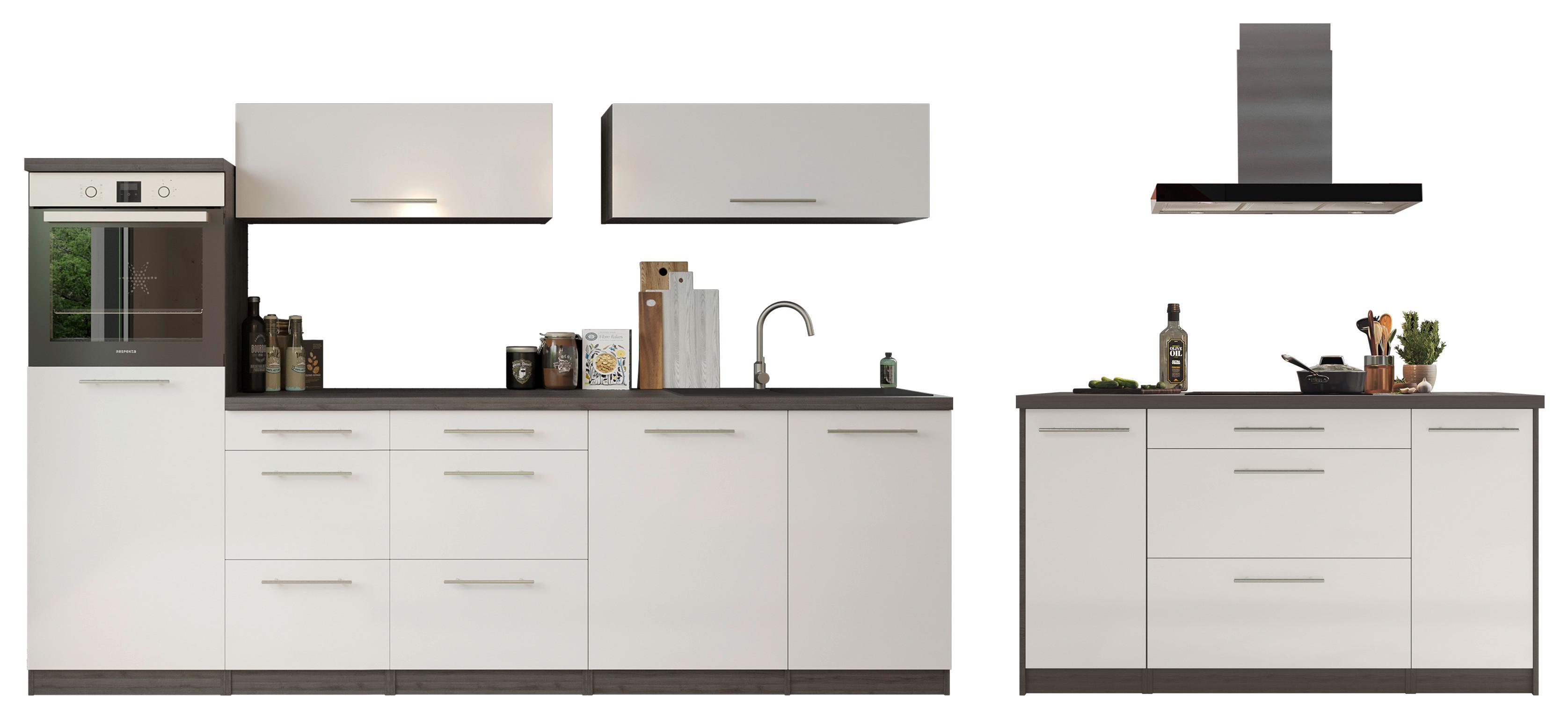 Inselküche Premium Weiß /Grau m. Geräten B: ca. 280cm - Weiß/Grau, Basics, Holzwerkstoff/Metall (280/160cm) - Respekta