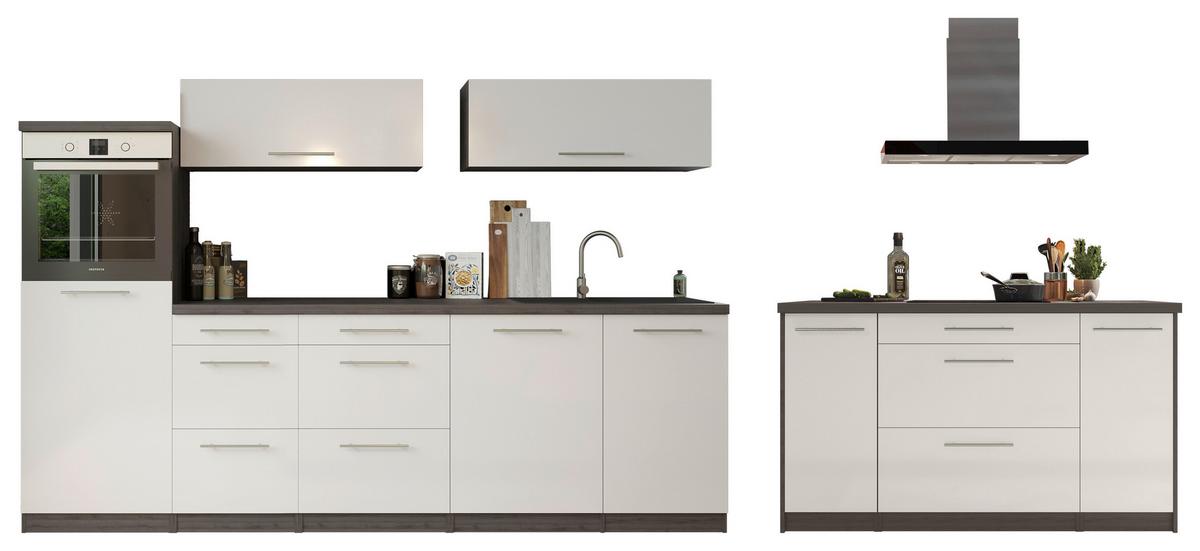 Inselküche Premium Weiß /Grau m. Geräten B: ca. 280cm - Weiß/Grau, Basics, Holzwerkstoff/Metall (280/160cm) - Respekta