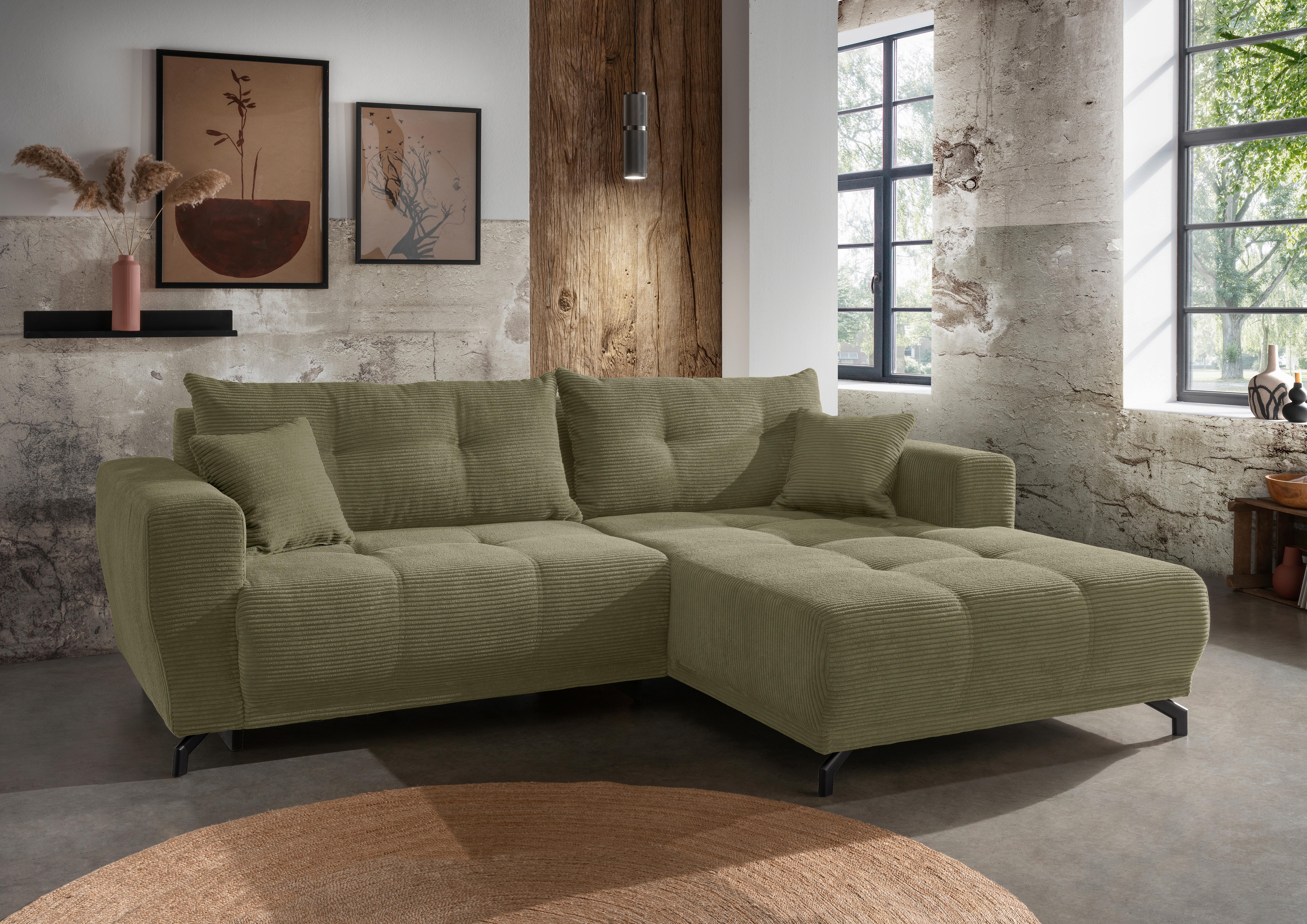Wohnlandschaft Restato Olivgrün Cord - Schwarz/Olivgrün, MODERN, Holz/Textil (246/177cm) - MID.YOU