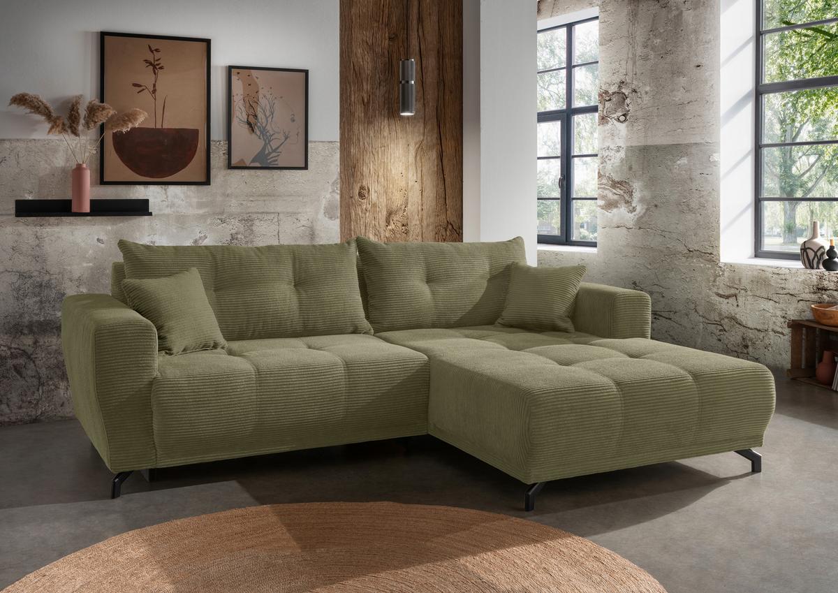 Wohnlandschaft Restato Olivgrün Cord - Schwarz/Olivgrün, MODERN, Holz/Textil (246/177cm) - MID.YOU