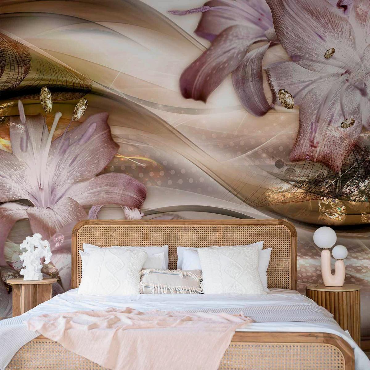 Fototapeta Lilies On The Wave, 250x175cm - svetlo rjava/rožnato zlata, Trendi, tekstil (250/175cm) - artgeist