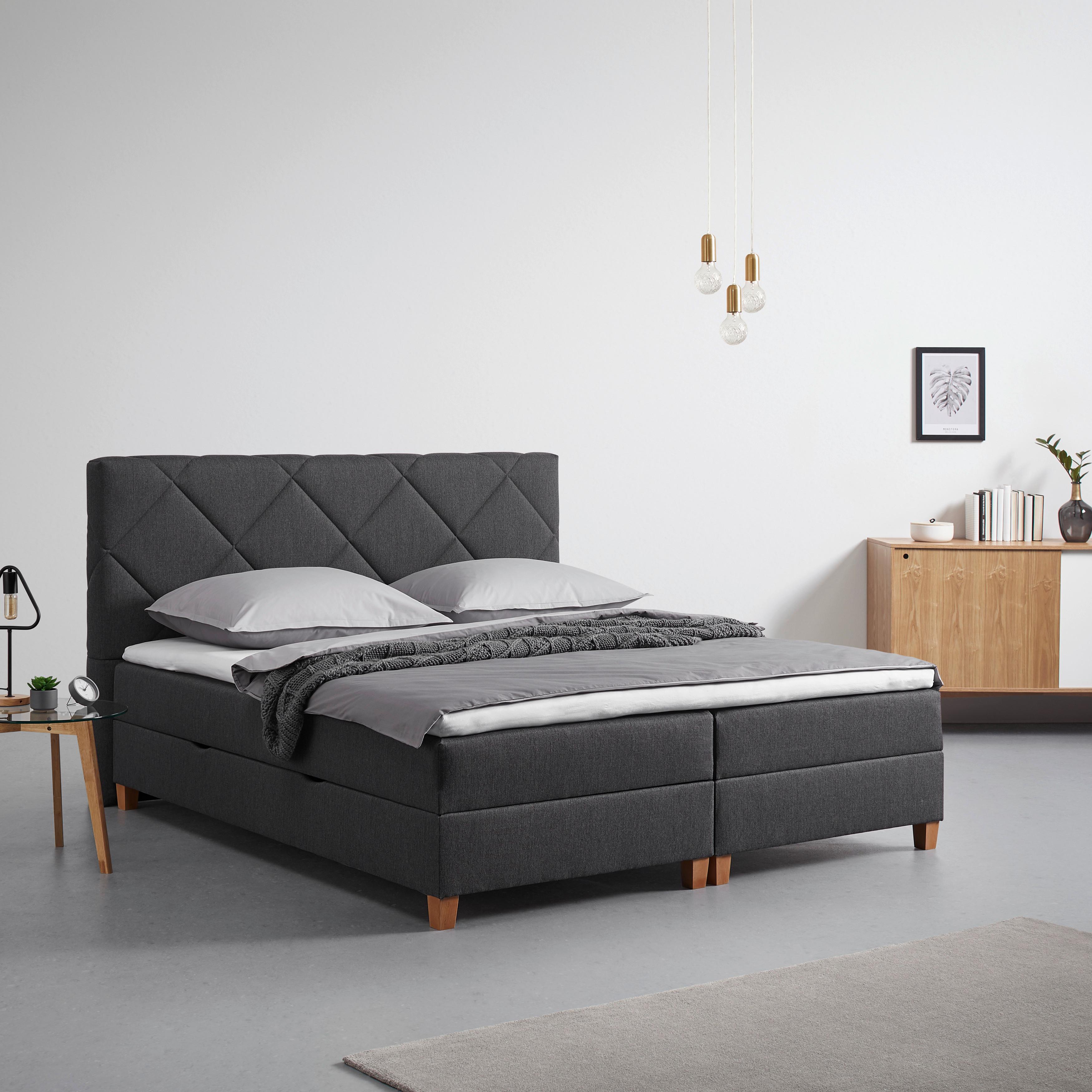 Boxbett Marcello ca. 180x200 cm Grau mit Topper - Dunkelgrau/Erlefarben, MODERN, Holz/Holzwerkstoff (180/200cm) - Bessagi Home