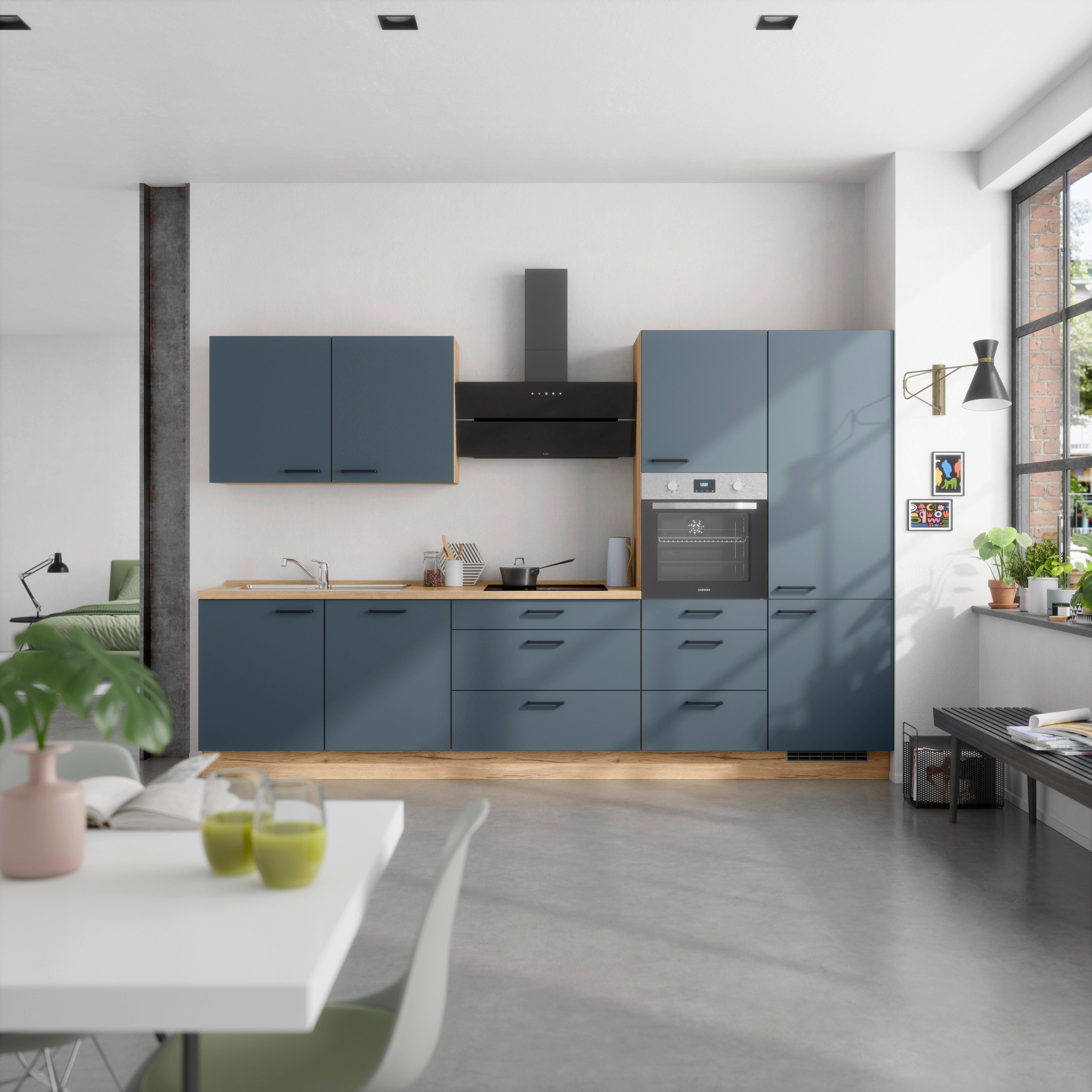 Küchenblock Easytouch High m. Geräten Dunkelblau - Eichefarben/Schwarz, MODERN, Holzwerkstoff/Metall (330cm) - Nobilia
