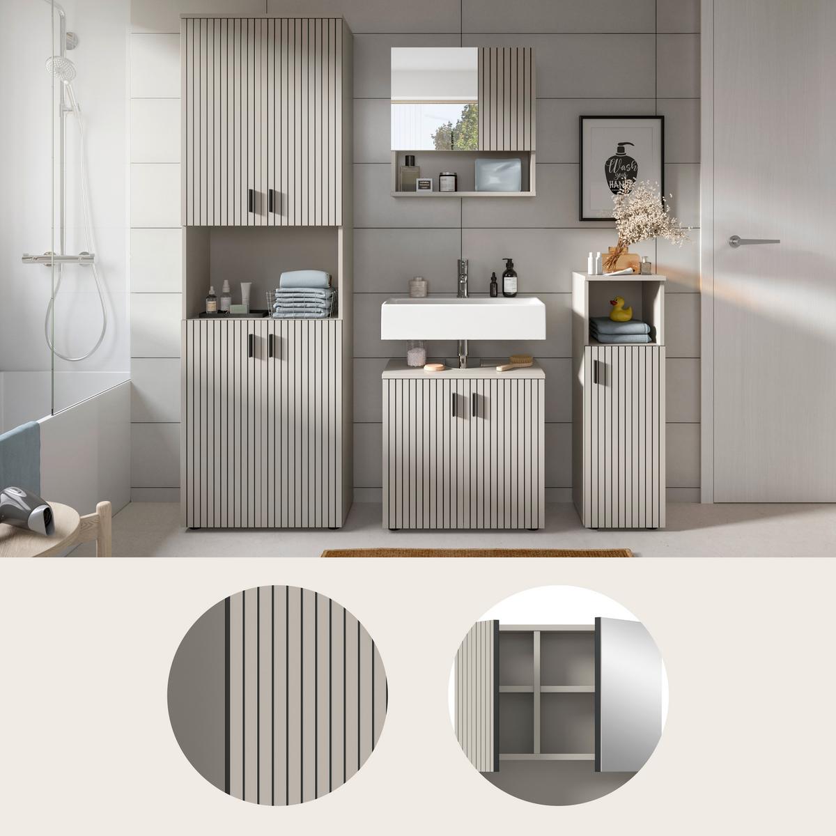 Badezimmer Mone Kaschmir 4-teilig - Kaschmir/Schwarz, Trend, Glas/Holzwerkstoff (150cm) - MID.YOU