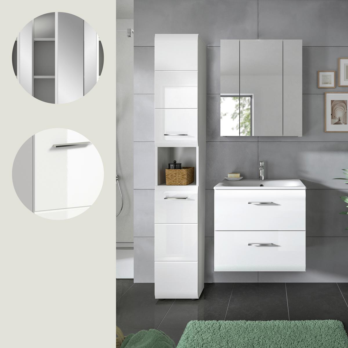 Badezimmer Ice 3-tlg. ca. 90 cm Weiß - Weiß Hochglanz/Silberfarben, MODERN, Keramik/Holzwerkstoff (90cm) - MID.YOU
