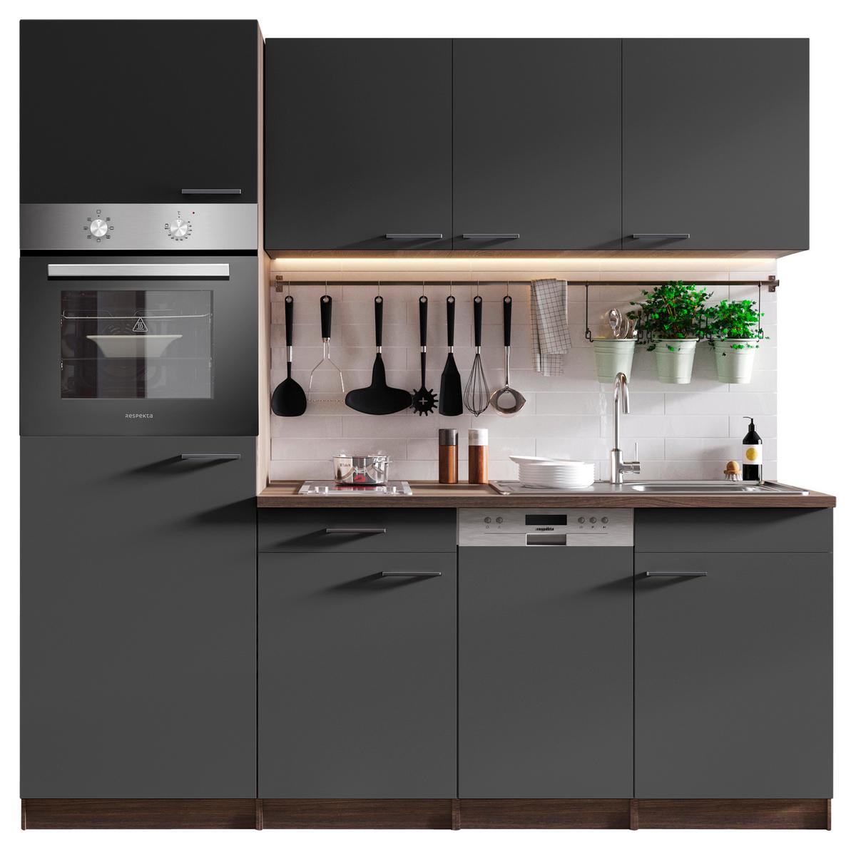 Küchenblock Oliver mit Geräten ca. 205 cm Grau - Eichefarben/Alufarben, Basics, Holzwerkstoff/Kunststoff (205cm) - Respekta