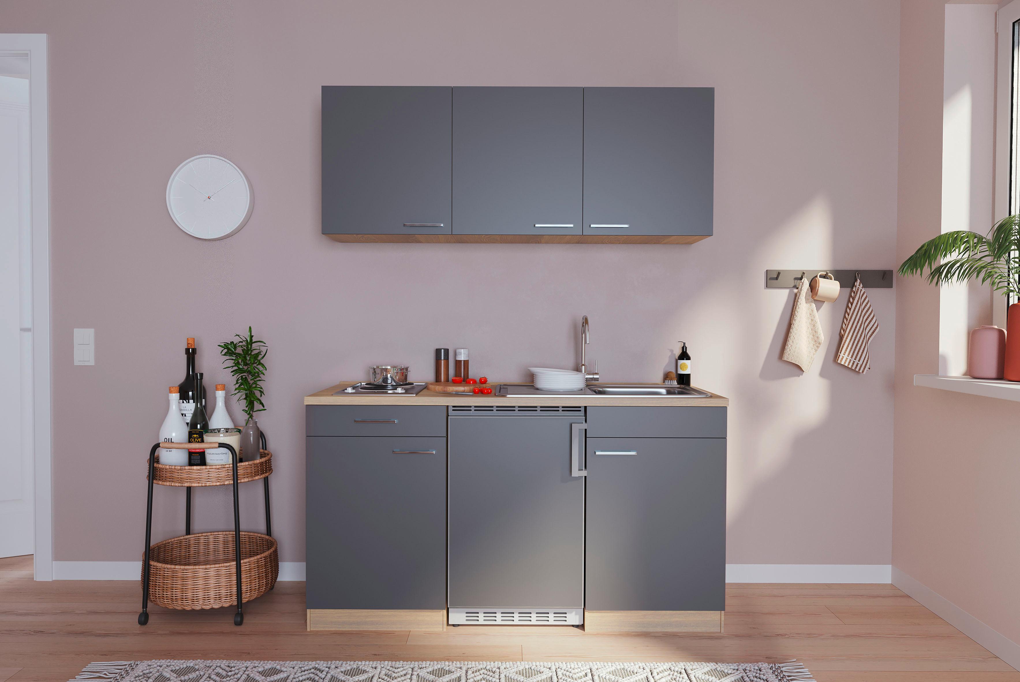 Miniküche Economy m. Geräten B: ca. 150cm Grau/Eichefarben - Eichefarben/Grau, Basics, Holzwerkstoff (150cm) - Respekta