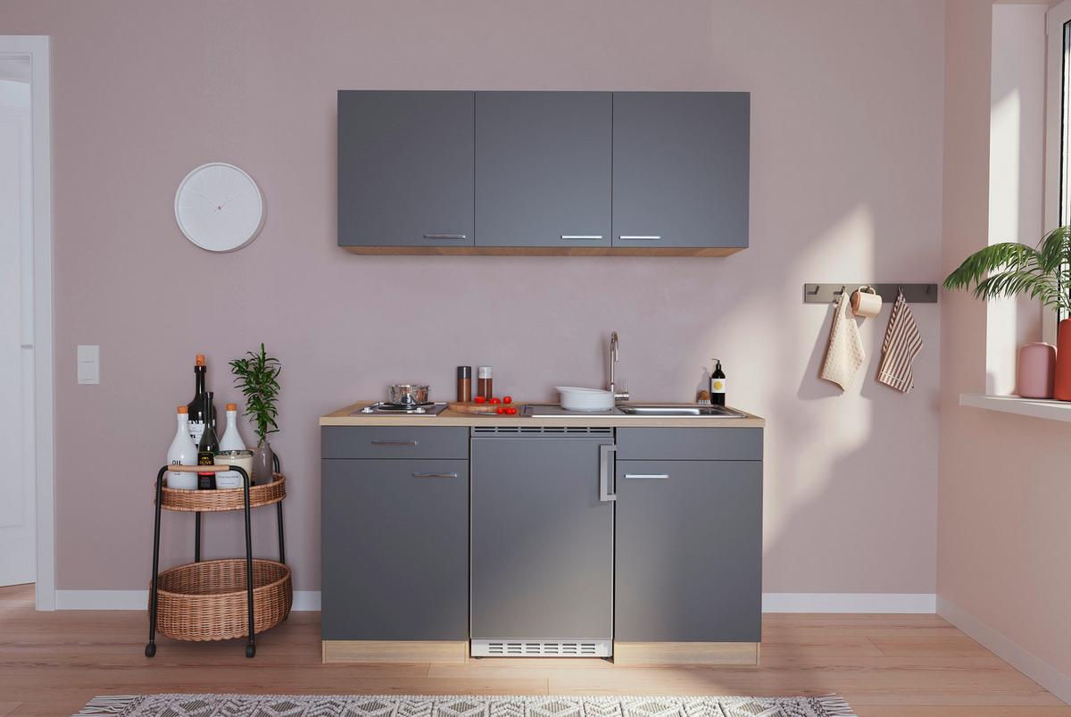 Miniküche Economy m. Geräten B: ca. 150cm Grau/Eichefarben - Eichefarben/Grau, Basics, Holzwerkstoff (150cm) - Respekta